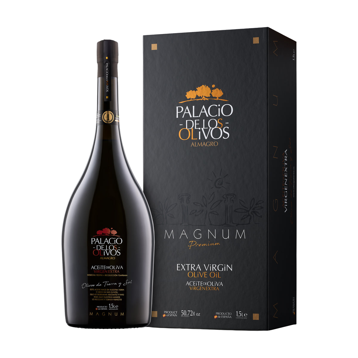 1.5L bottle of Palacio de los Olivos Picual Magnum extra virgin olive oil with its gift box.