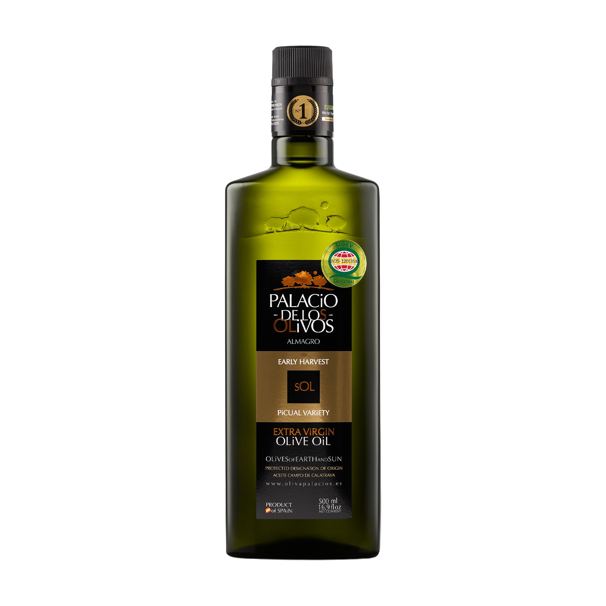 A bottle of Palacio de los Olivos Picual DOP Aceite Campo De Calatrava extra virgin olive oil.
