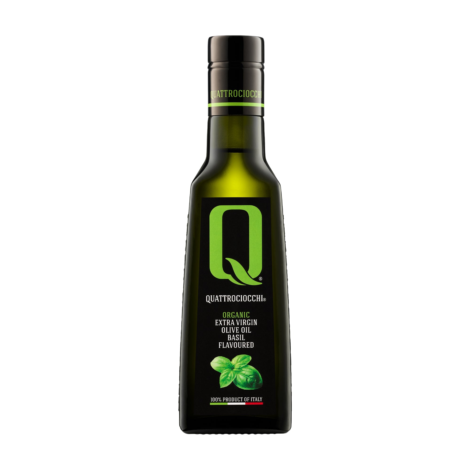 250 ml bottle of Quattrociocchi Basil flavored extra virgin olive oil from Lazio, Italy.