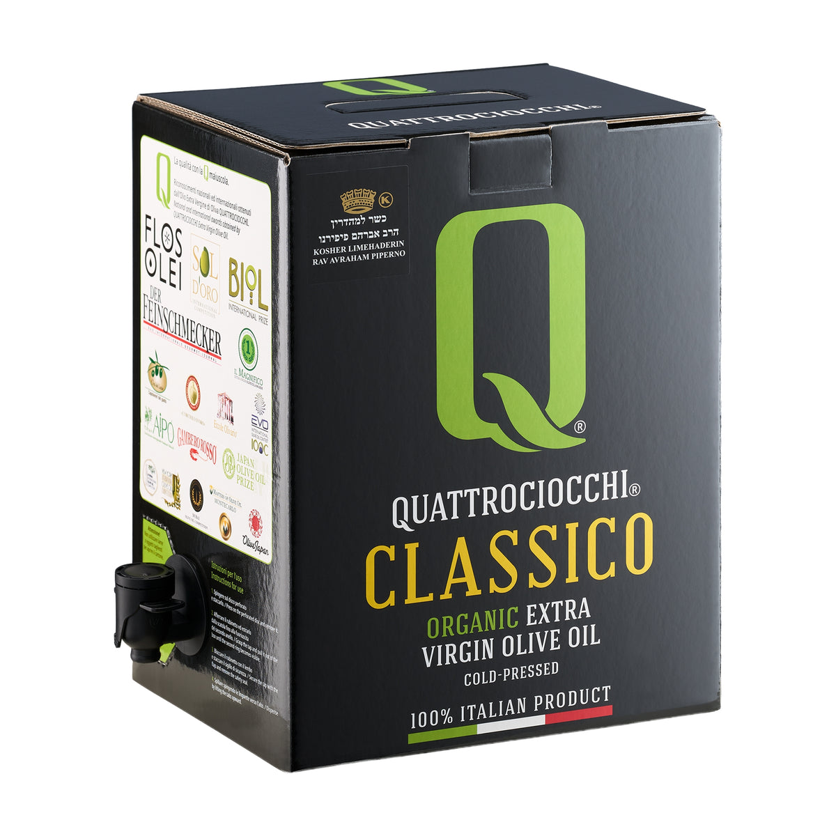 Quattrociocchi Classico Organic 5L bag-in-box from Lazio, Italy, with the dispensing spout extended.