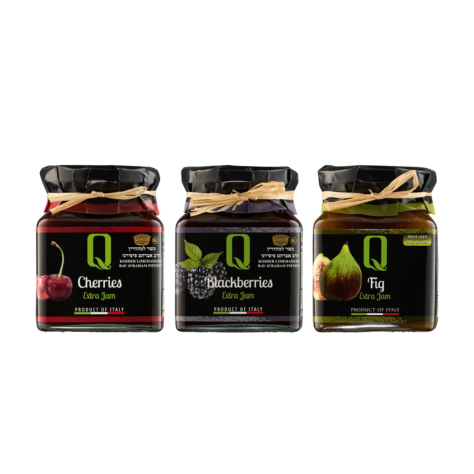 Quattrociocchi Fruit Preserve Trio set with Cherry, Blackberry, and Fig jams.