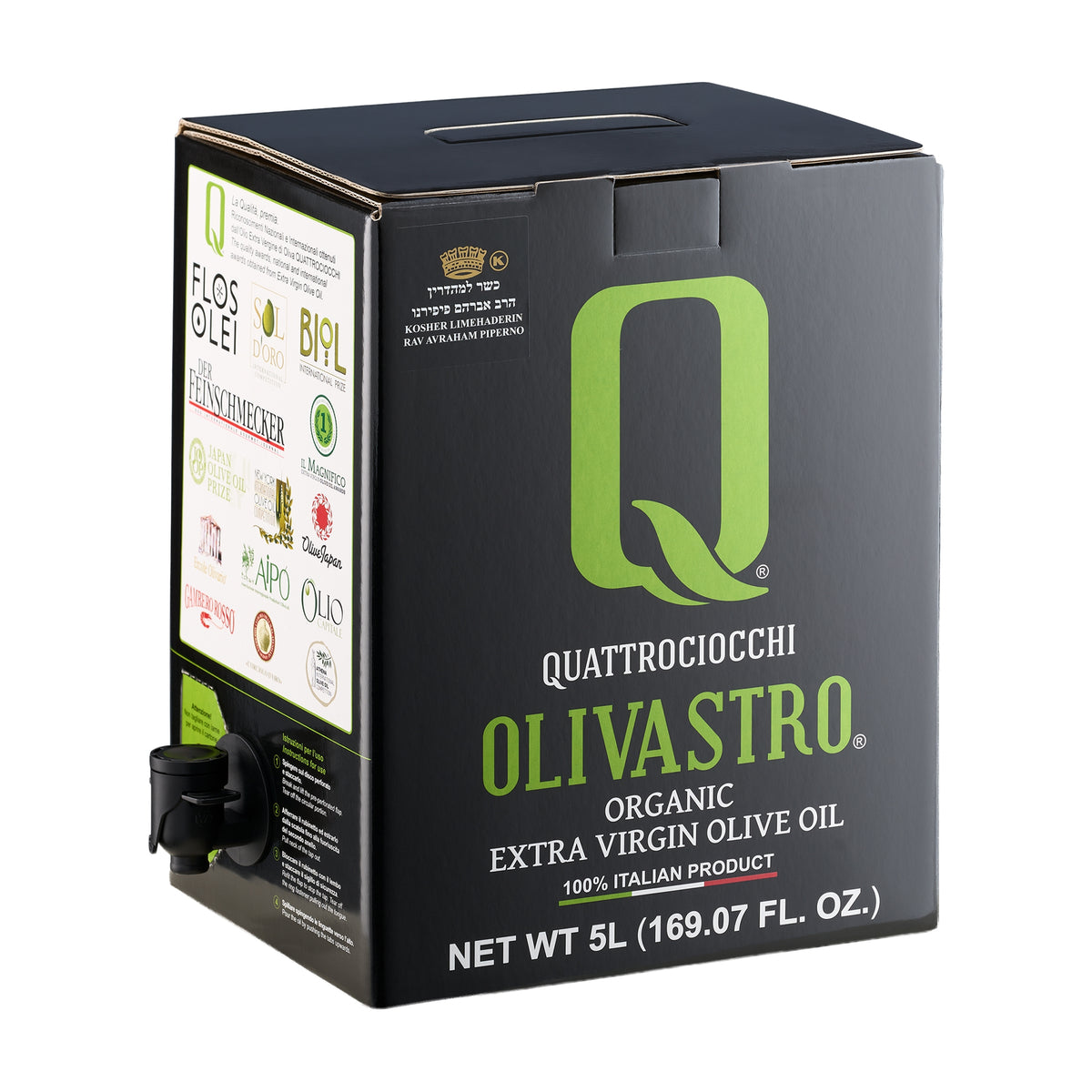 Quattrociocchi Olivastro Organic 5L bag-in-box from Lazio, Italy, with the dispensing spout extended.
