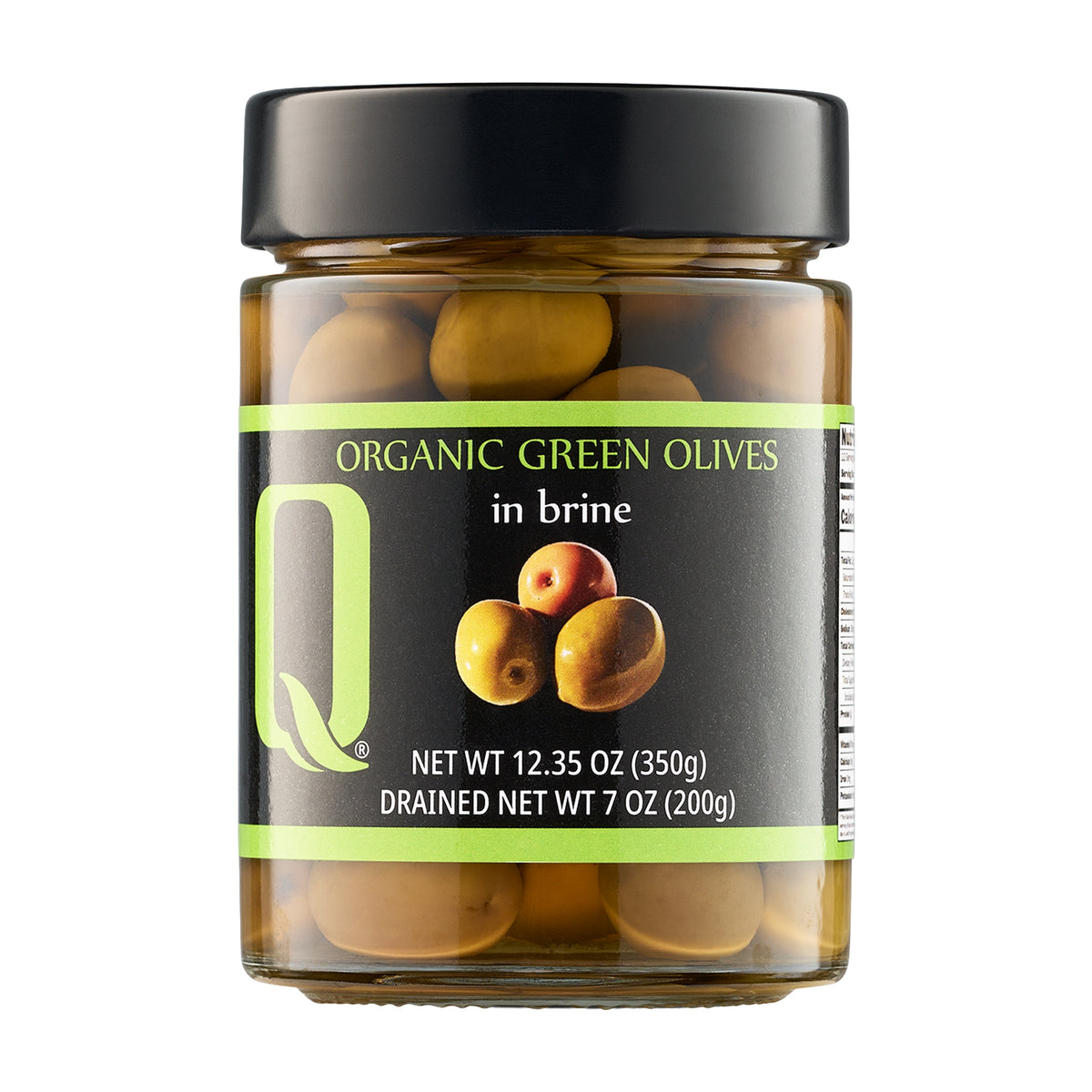 350g jar of Quattrociocchi Organic Green Itrana Olives from Italy.