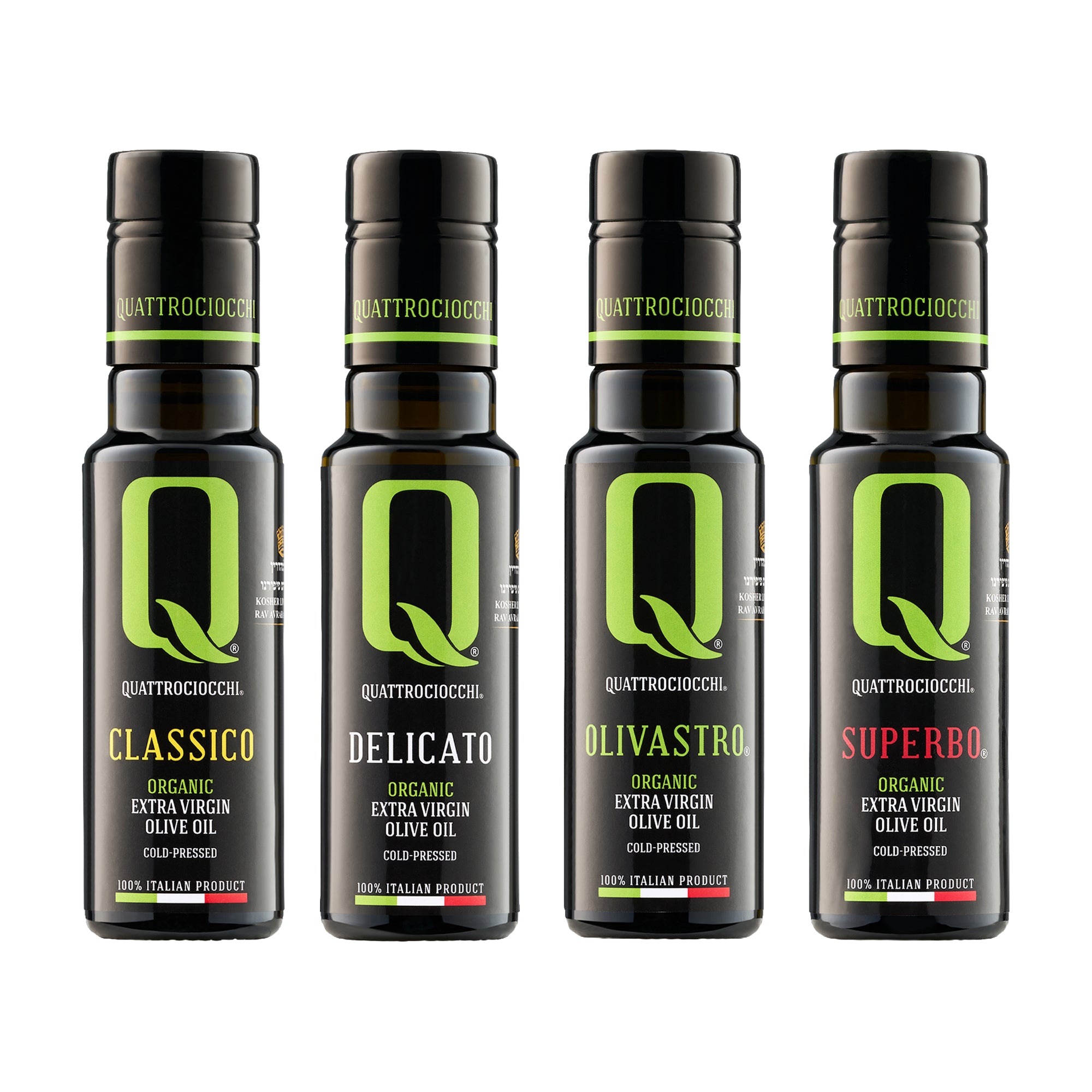 Quattrociocchi Organic Mini Quattro set with four 100 ml olive oil bottles: Classico, Delicato, Olivastro, and Superbo.