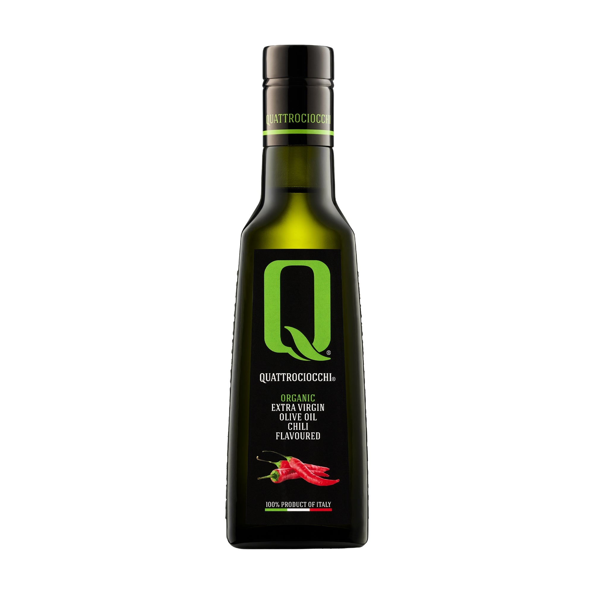 250 ml bottle of Quattrociocchi Peperoncino flavored extra virgin olive oil from Lazio, Italy.