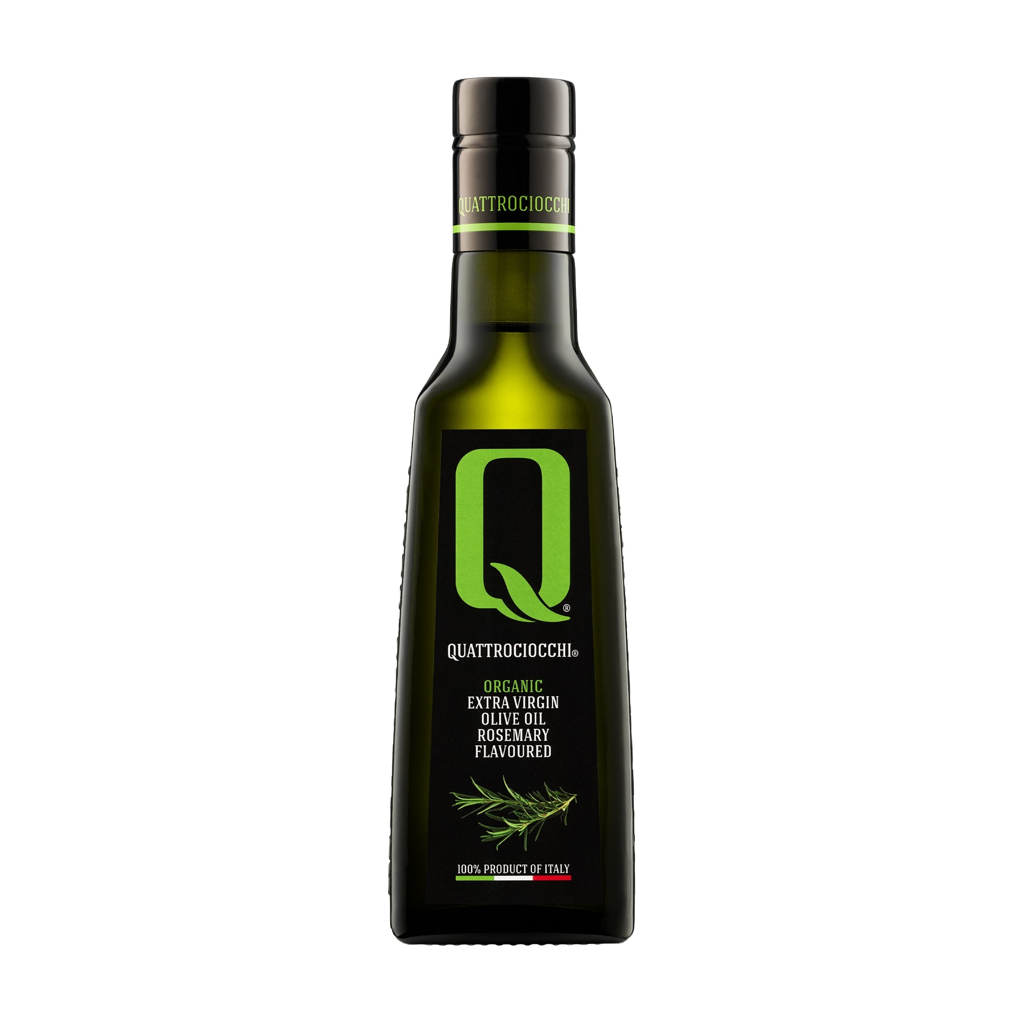 250 ml bottle of Quattrociocchi Rosemary flavored extra virgin olive oil from Lazio, Italy.
