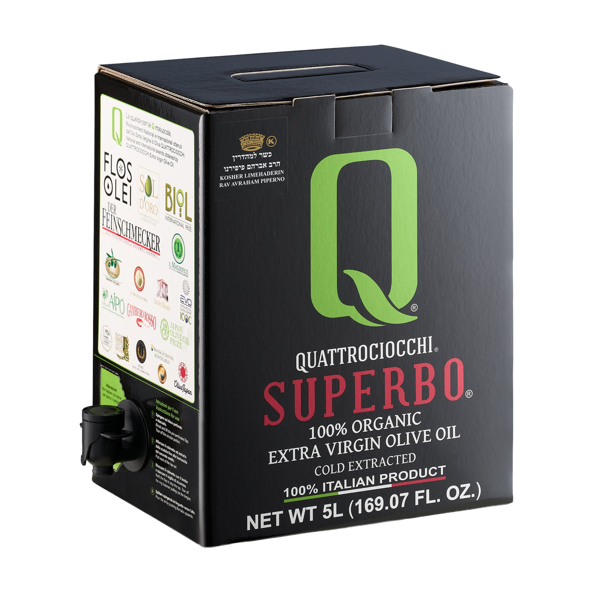 Quattrociocchi Superbo Organic 5L bag-in-box from Lazio, Italy, with the dispensing spout extended.
