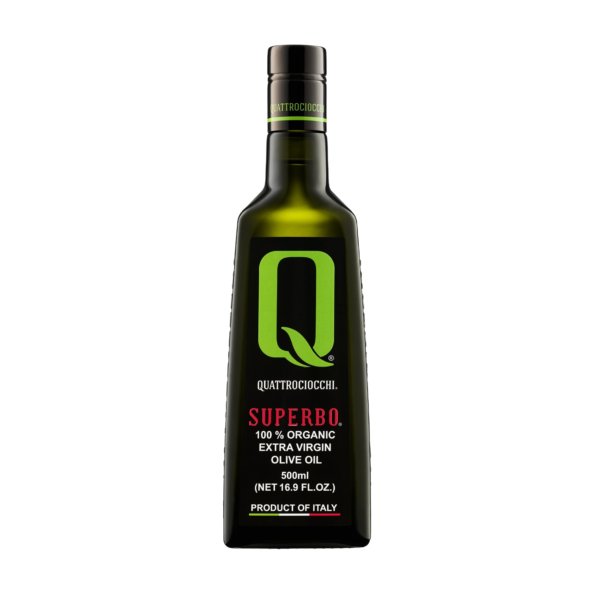 Quattrociocchi Superbo Organic extra virgin olive oil in a 500 ml dark glass bottle.