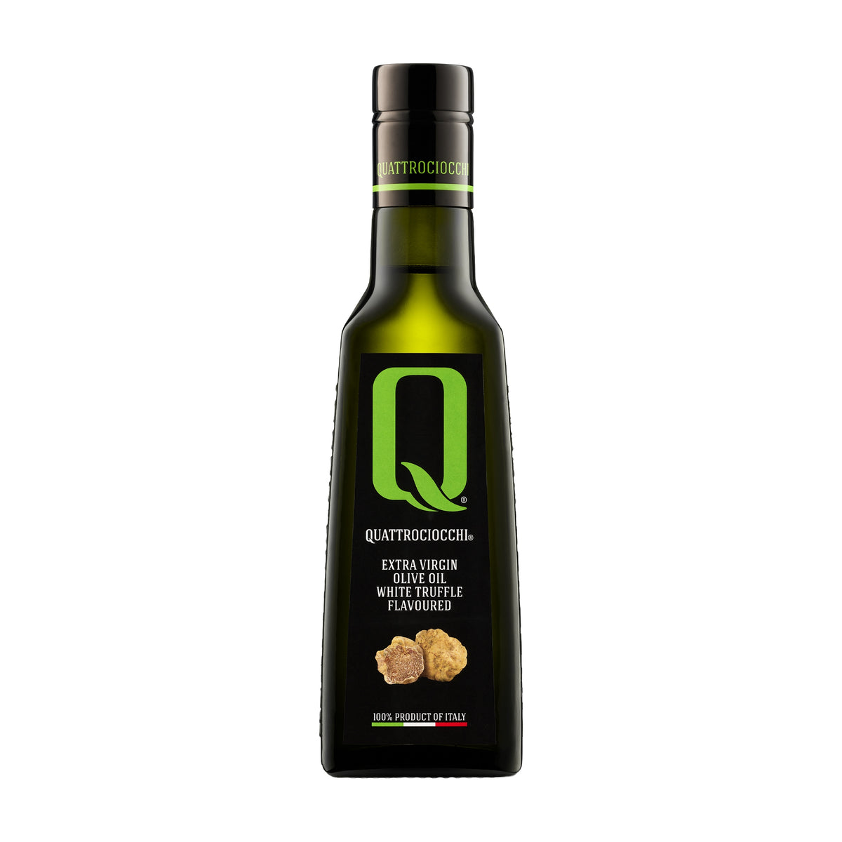 250 ml bottle of Quattrociocchi Truffle flavored extra virgin olive oil from Lazio, Italy.