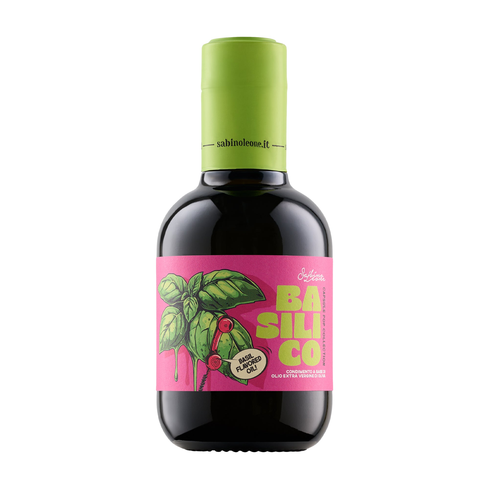 250 ml bottle of Sabino Leone Basil flavored extra virgin olive oil.