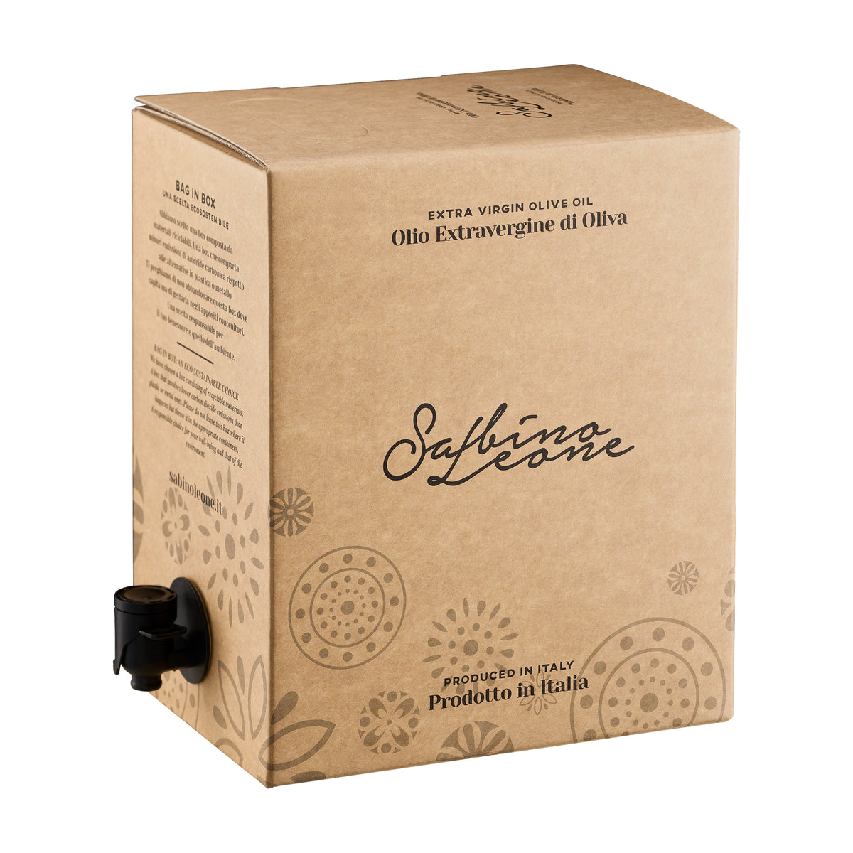 Sabino Leone Coratina 5L Bag-in-Box extra virgin olive oil with dispensing spout extended.