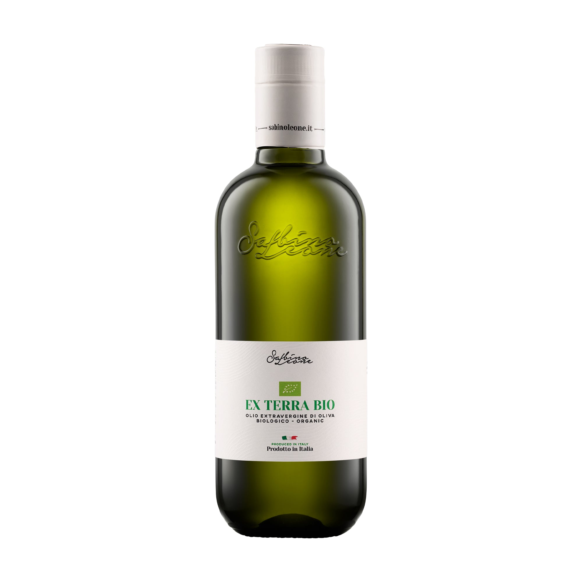A 500 ml bottle of Sabino Leone Ex Terra Organic extra virgin olive oil from Puglia, Italy.