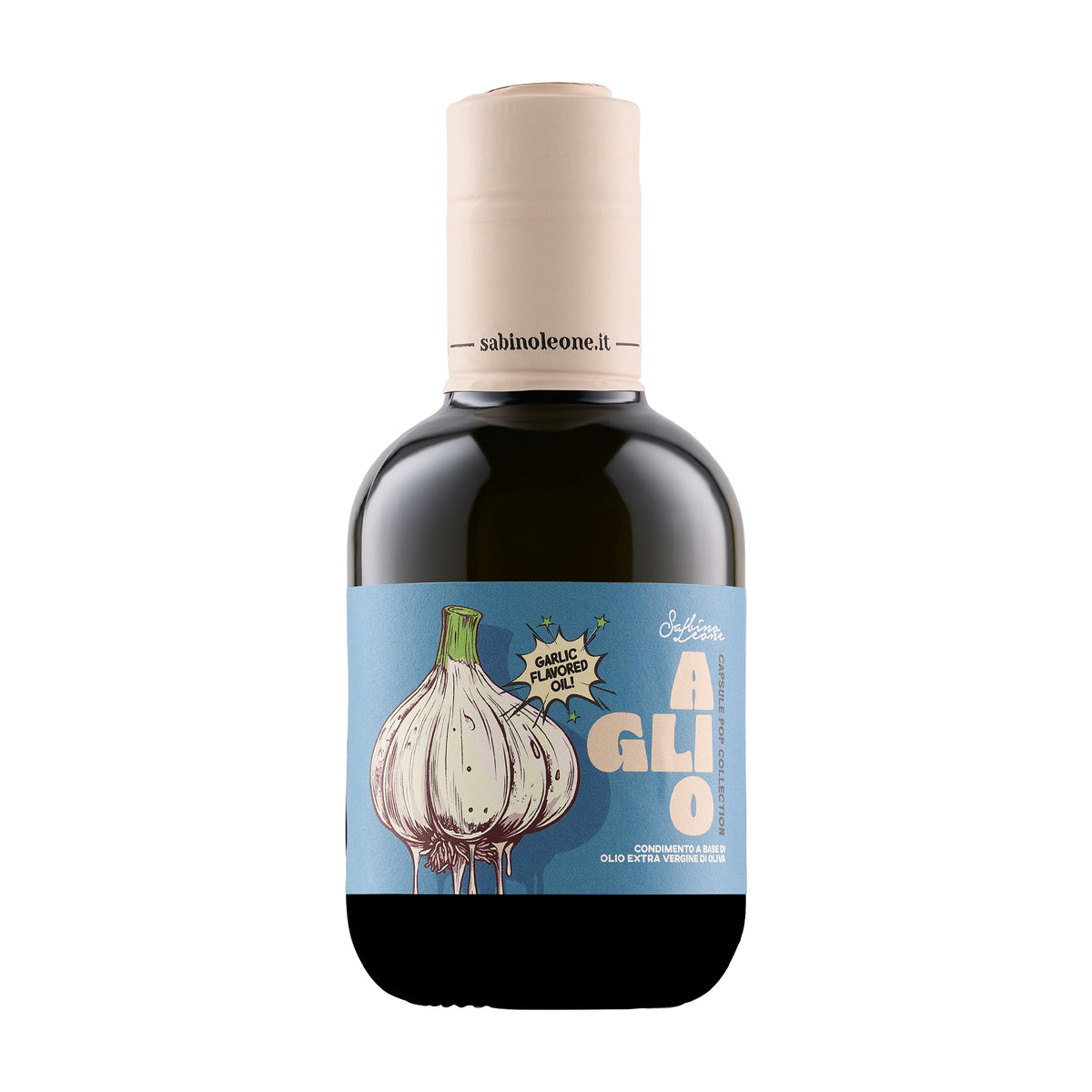 250 ml bottle of Sabino Leone Garlic flavored extra virgin olive oil.