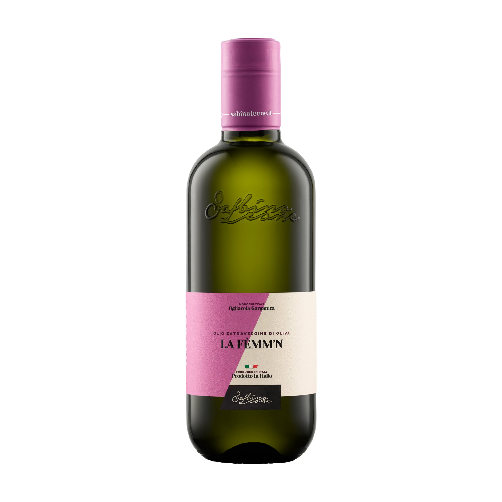 500 ml bottle of Sabino Leone La Femm'n extra virgin olive oil.