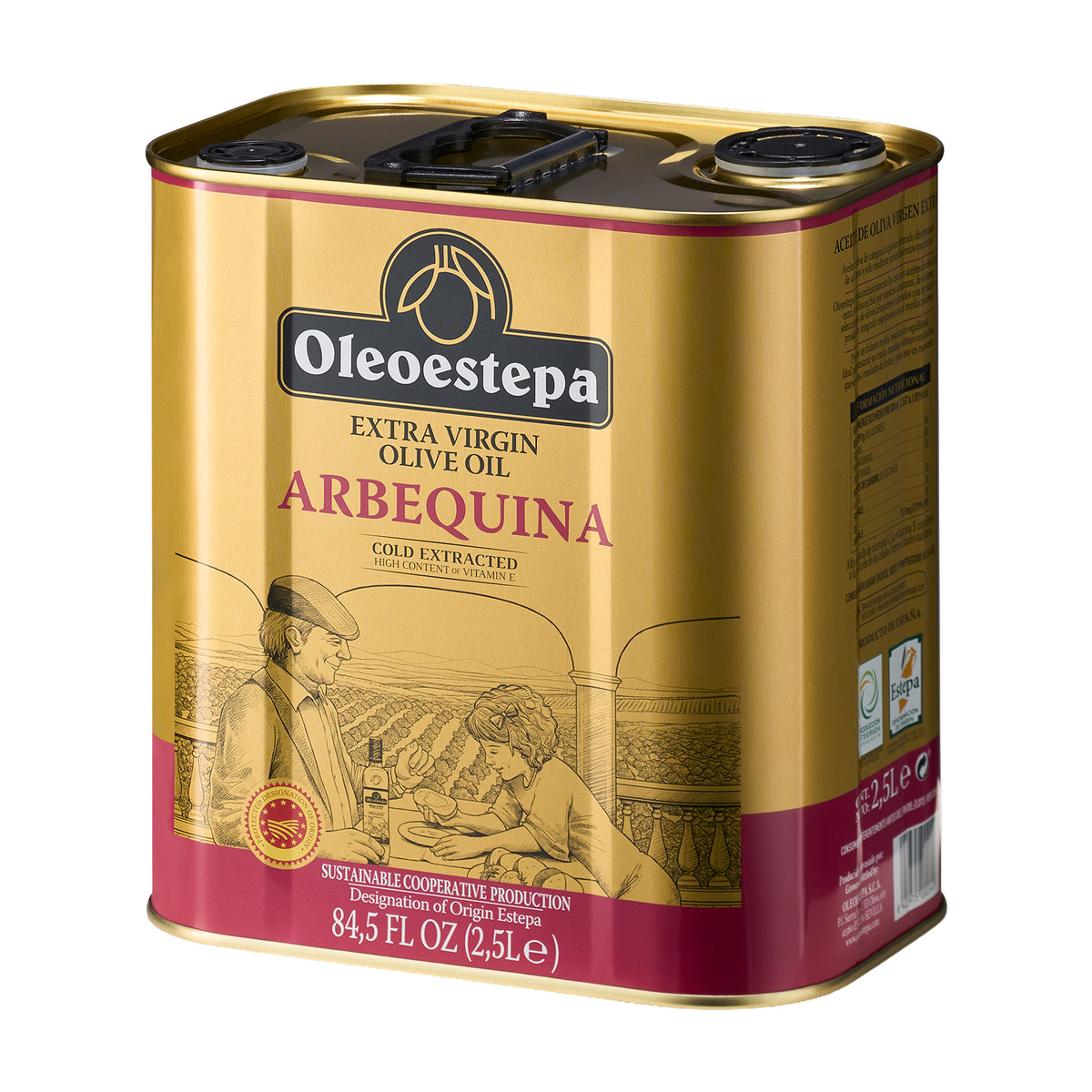Angled view of Oleoestepa Arbequina 2.5L Tin Spanish extra virgin olive oil.