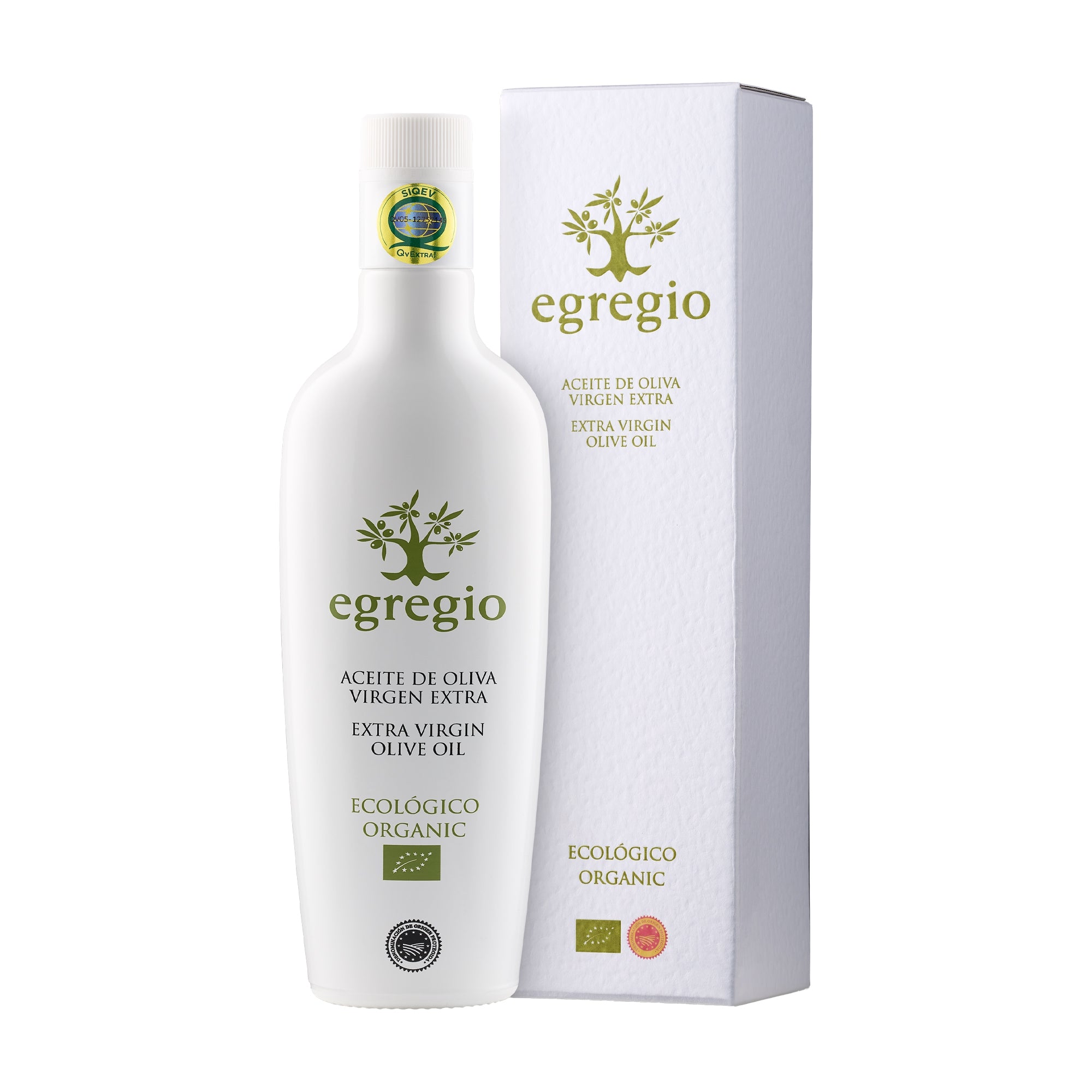 A 500 ml bottle of Oleoestepa Egregio Organic extra virgin olive oil, with an elegant gift box, from Andalusia, Spain.