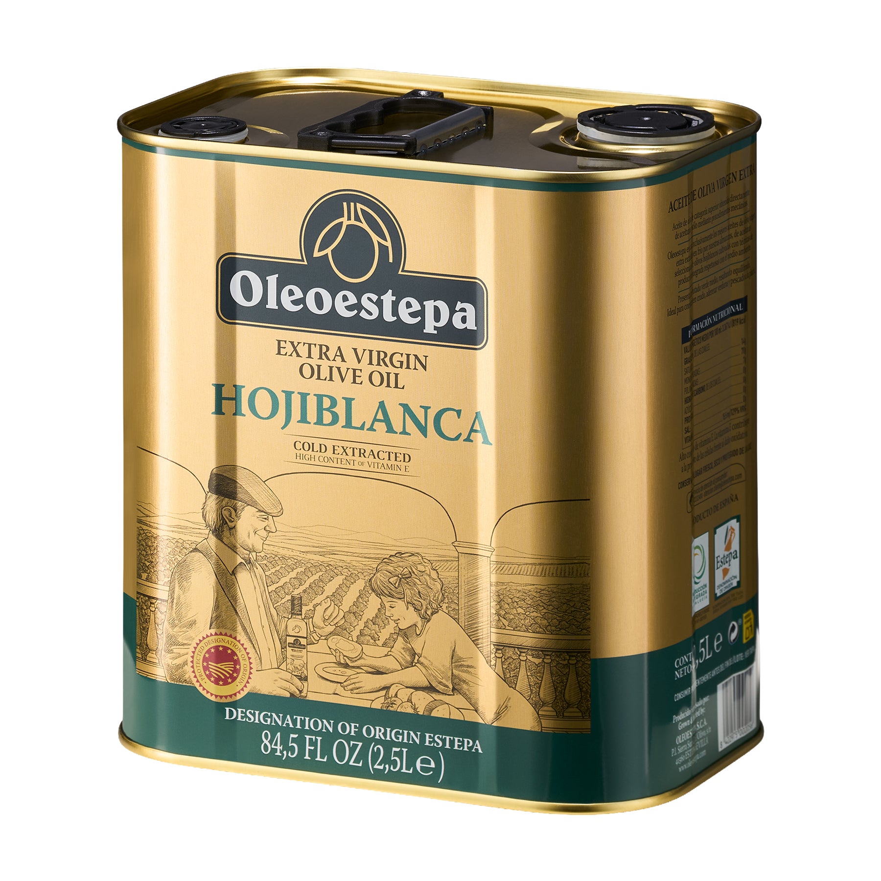Angled view of Oleoestepa Hojiblanca 2.5L extra virgin olive oil tin from Andalusia, Spain.
