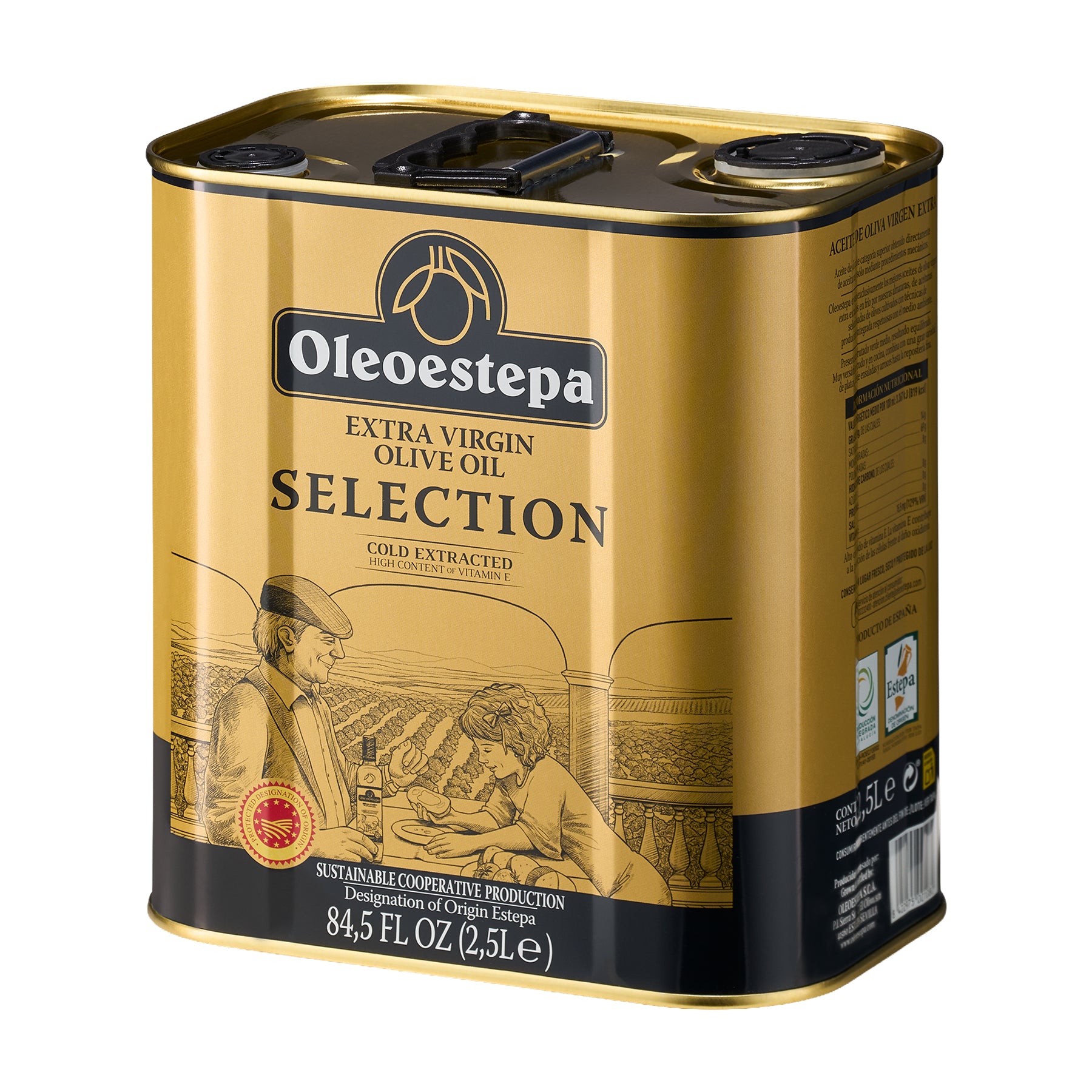 Angled view of Oleoestepa Seleccion 2.5L Tin extra virgin olive oil from Andalusia, Spain.