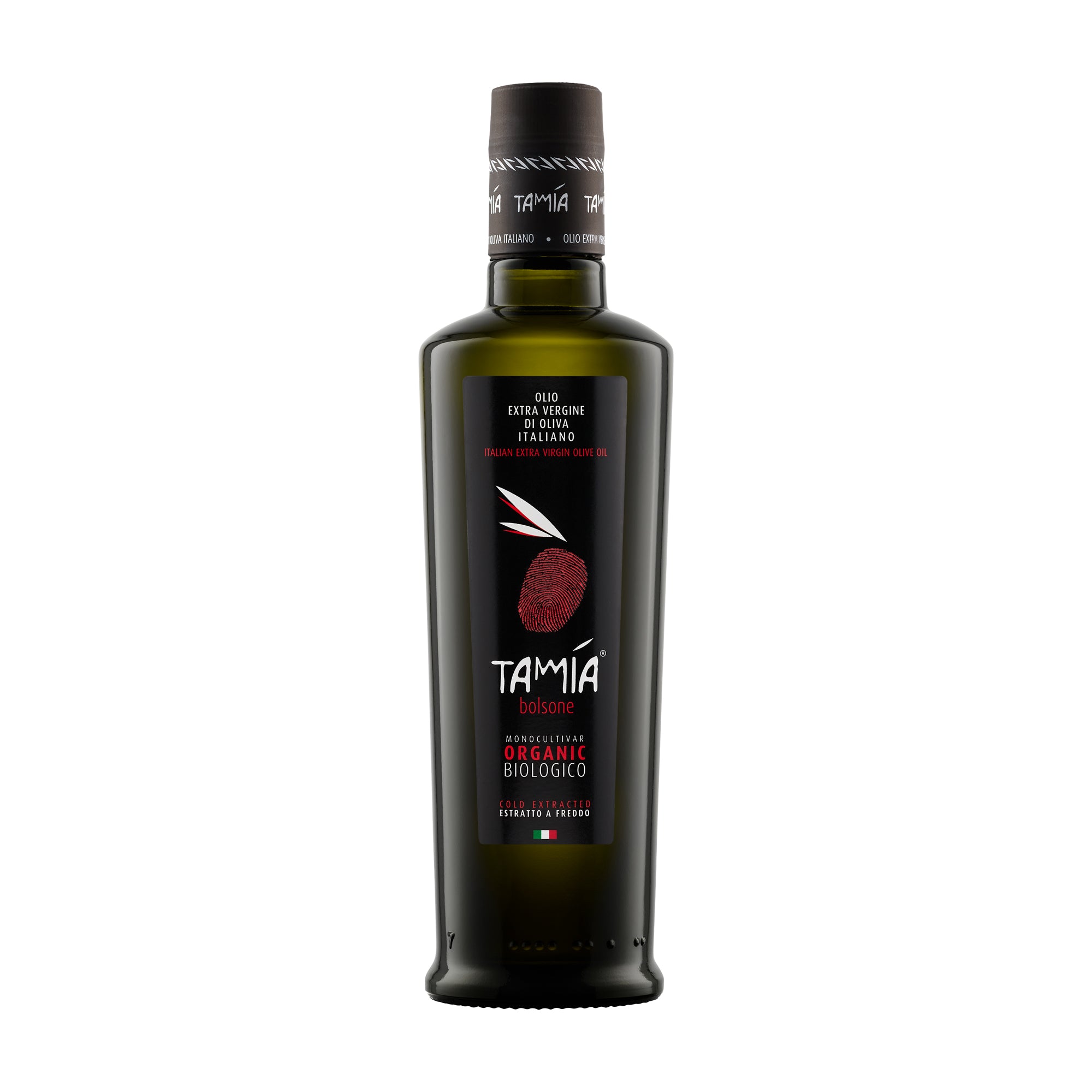 500 ml bottle of Tamia Bolsone Organic extra virgin olive oil from Lazio, Italy.