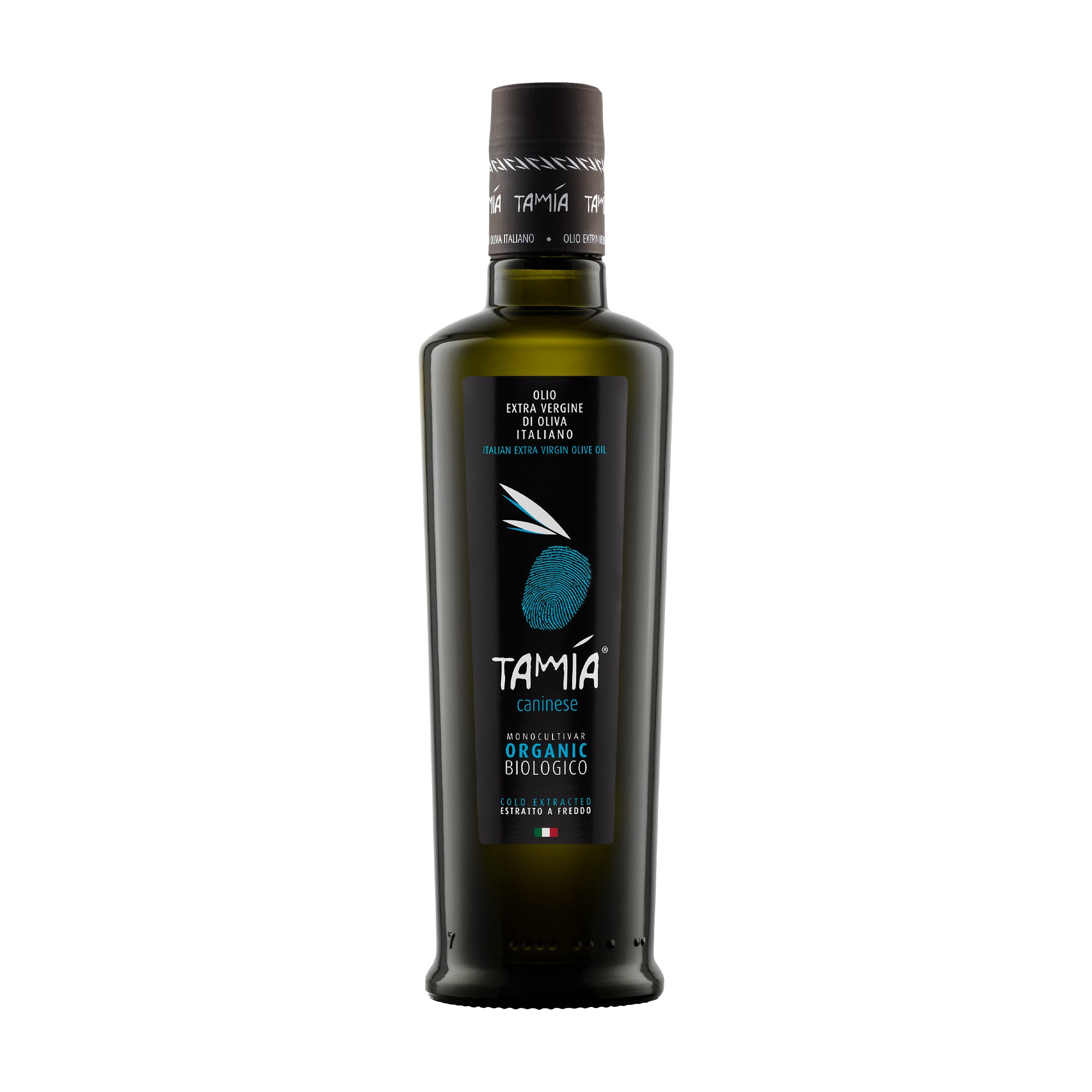 Tamia Caninese Organic 500 ml extra virgin olive oil bottle from Lazio, Italy.