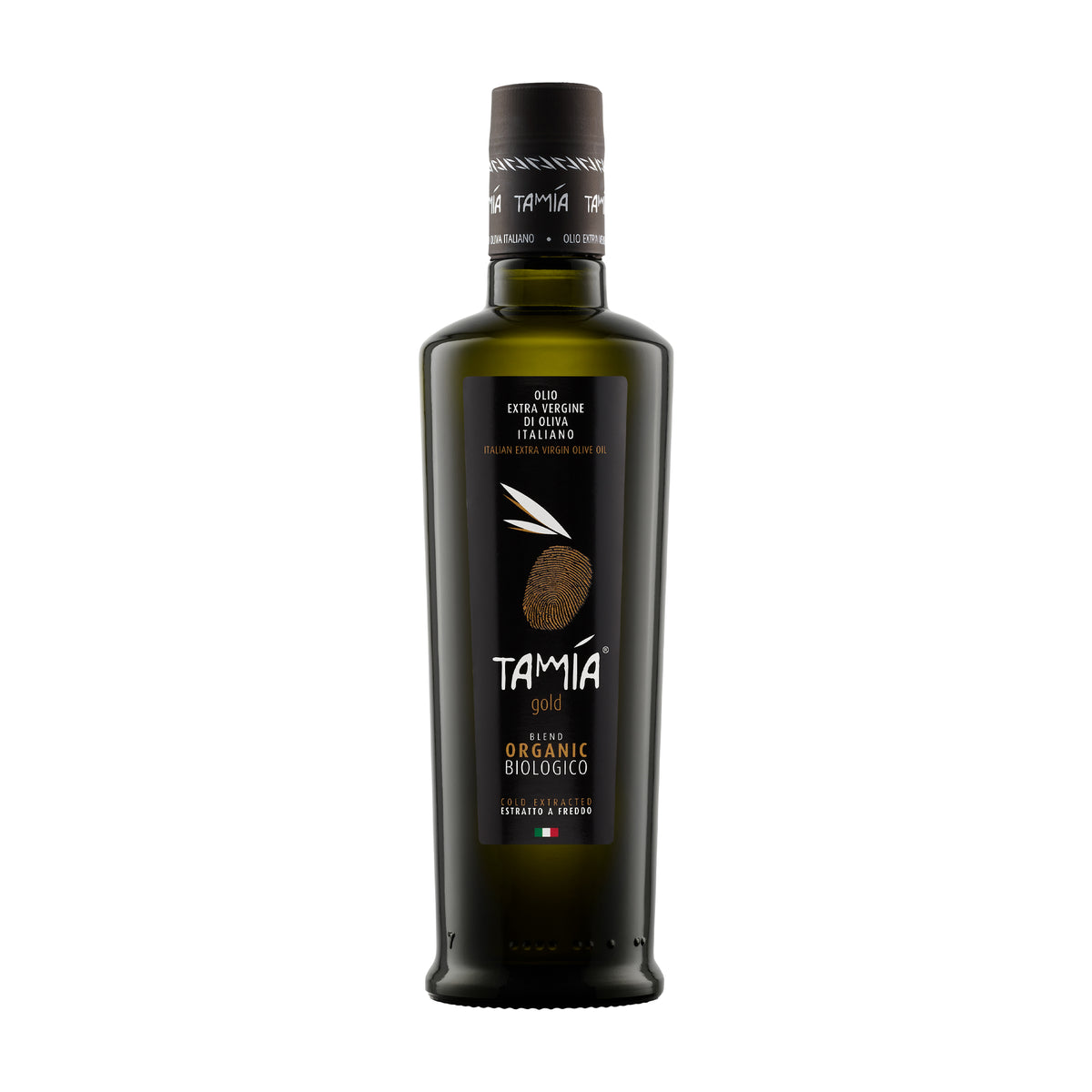 A 500 ml Tamia Gold Organic extra virgin olive oil bottle from Lazio, Italy.
