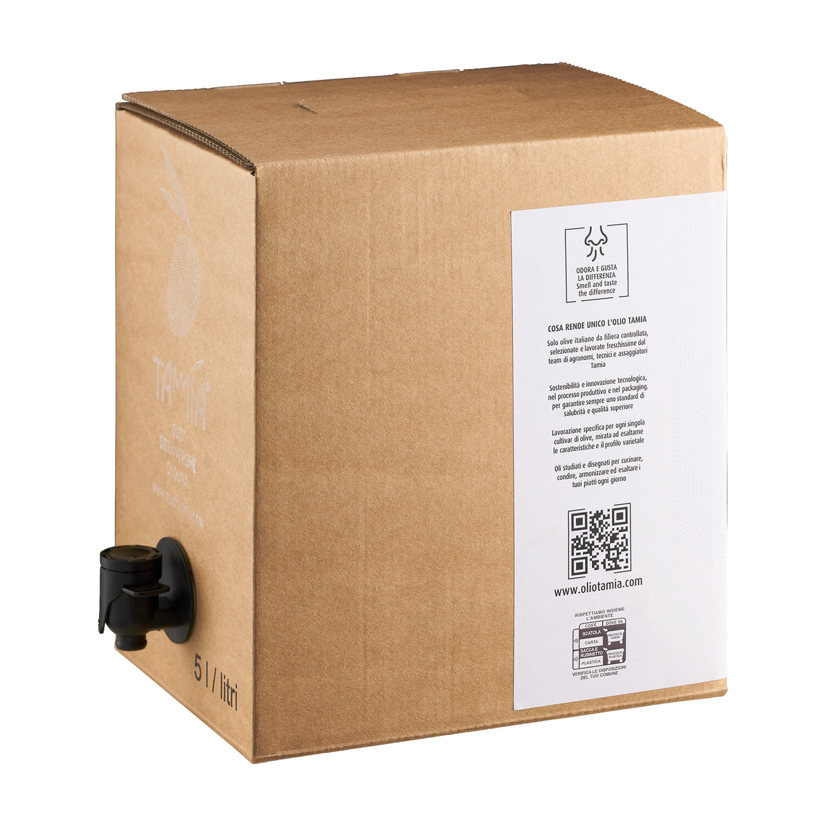 Tamia Green extra virgin olive oil in 5L Bag-in-Box with dispensing spout extended.