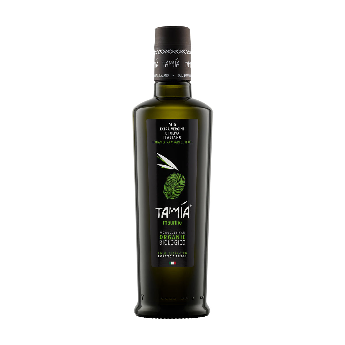 500 ml bottle of Tamia Maurino Organic extra virgin olive oil from Lazio, Italy.