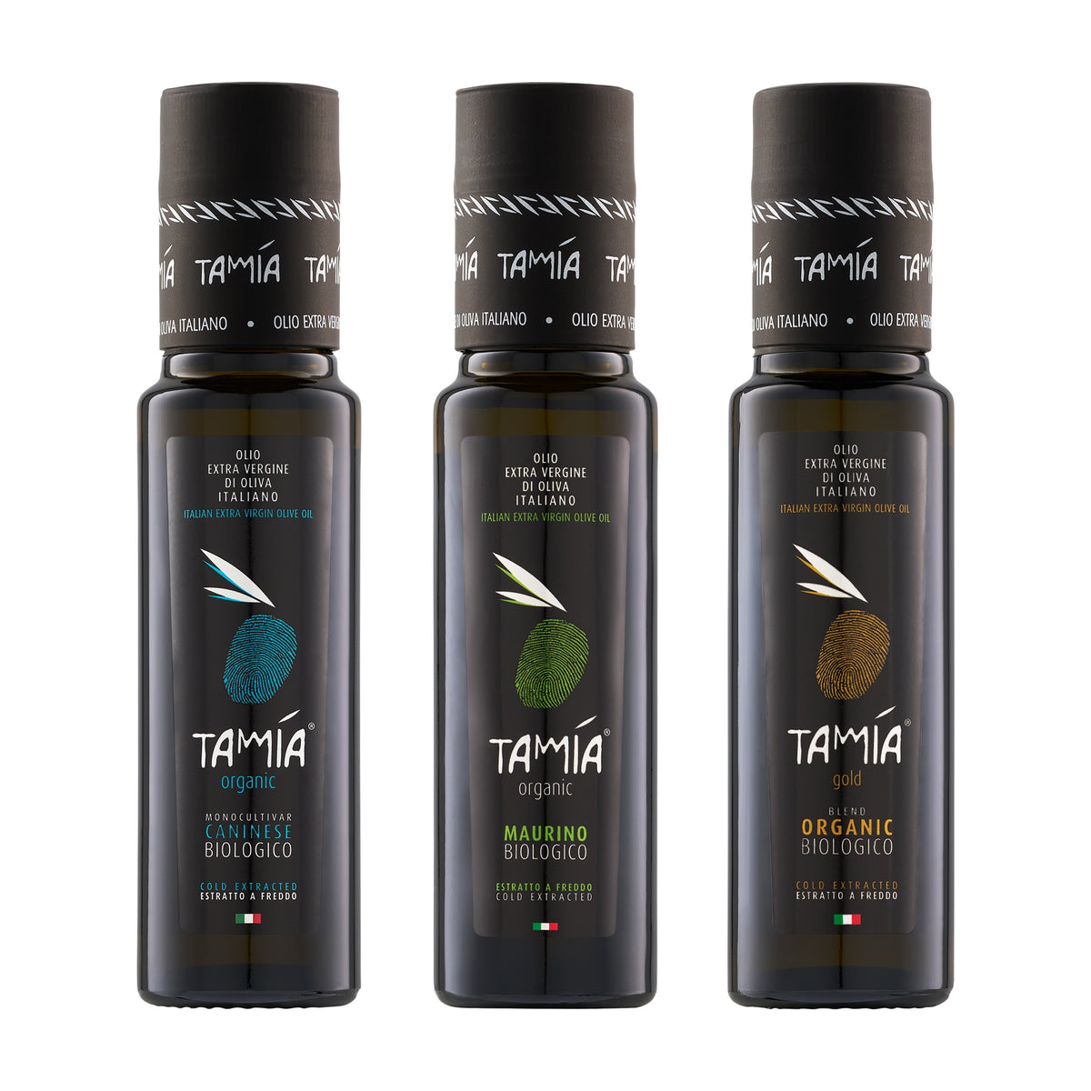 Tamia Organic Mini Trio set with three 100 ml extra virgin olive oil bottles; Caninese, Maurino, and Gold.