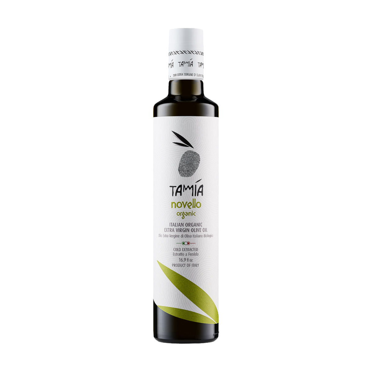 500ml bottle of Tamia Organic Novello extra virgin olive oil from Lazio, Italy.
