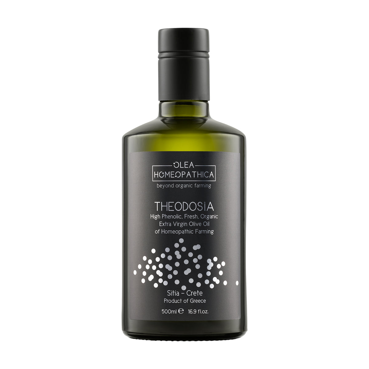 A bottle of Theodosia Homeopathic Koroneiki extra virgin olive oil from Crete, Greece.
