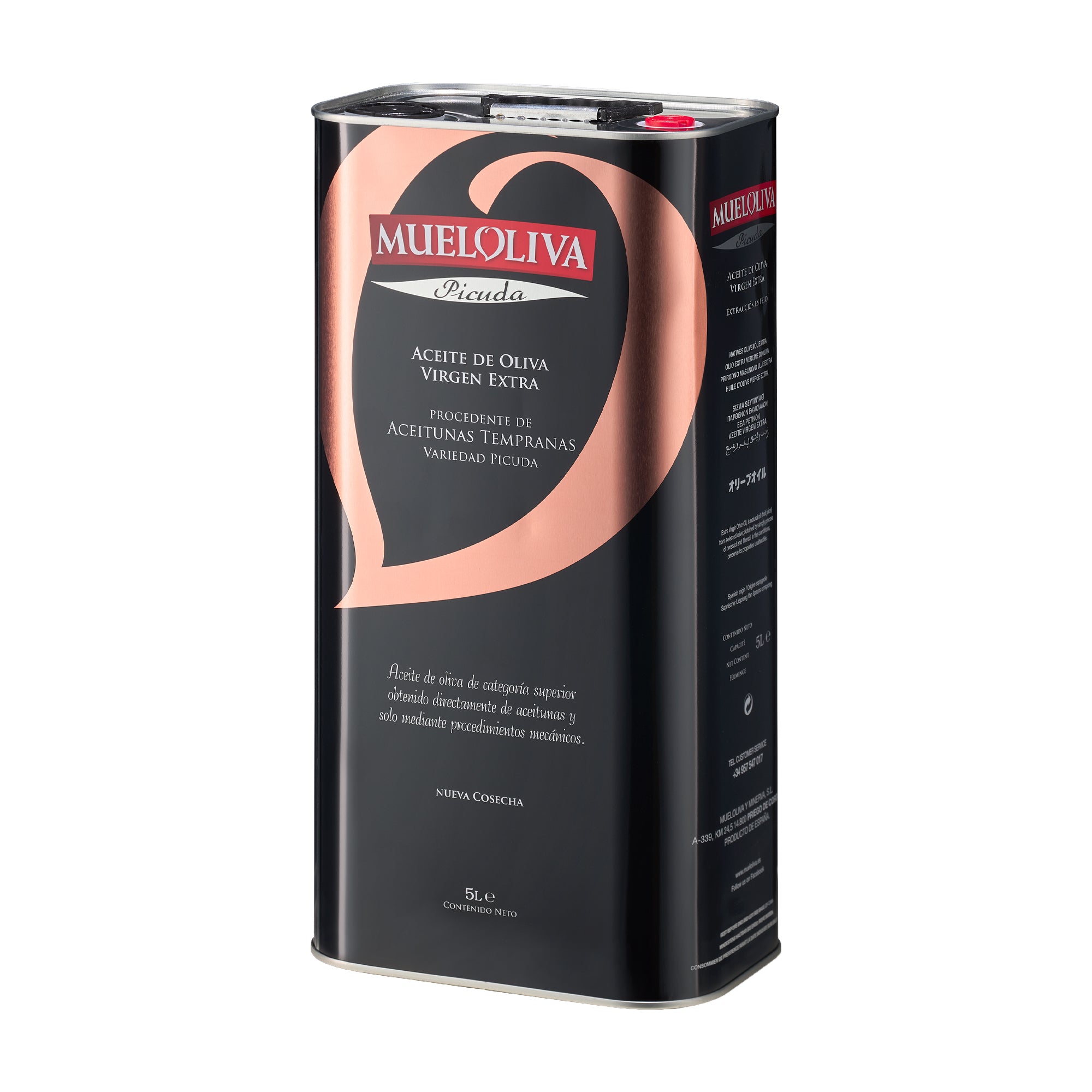 Angled view of Mueloliva Picuda 5L Tin extra virgin olive oil from Spain.