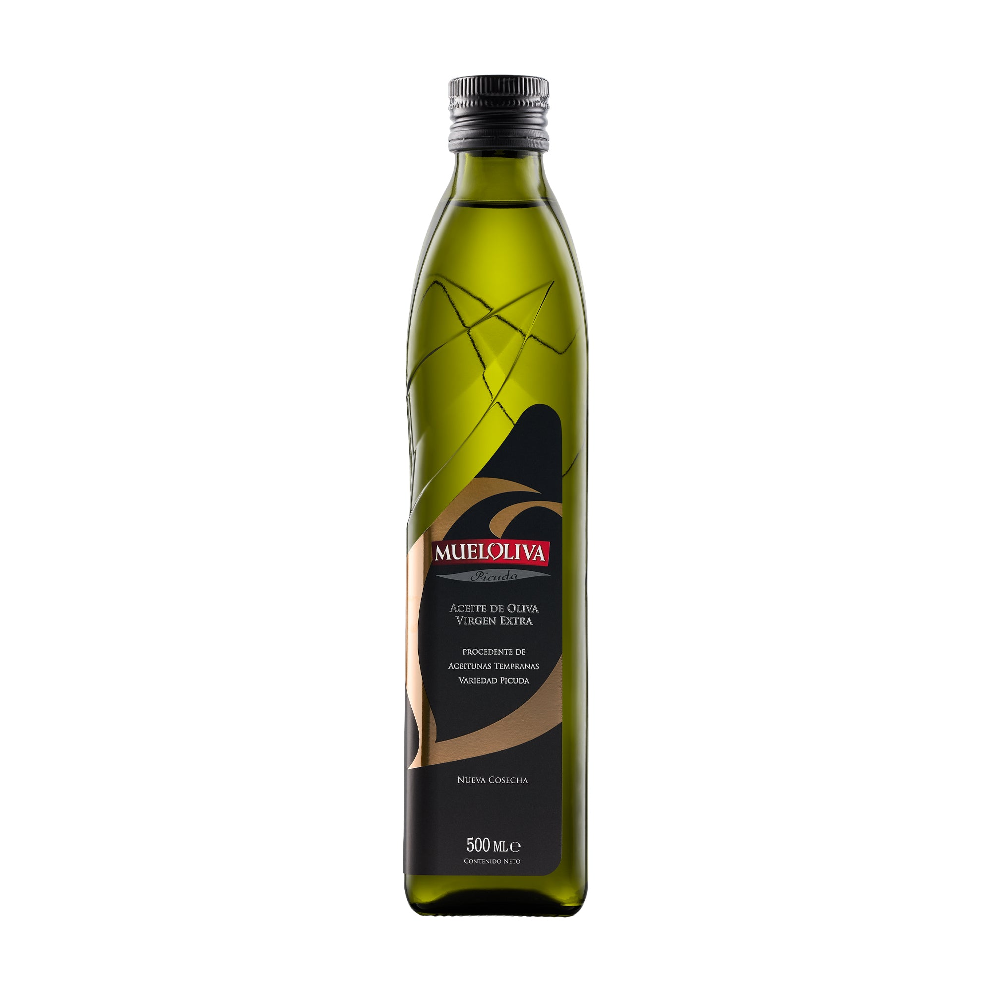 A 500 ml bottle of Mueloliva Picuda extra virgin olive oil from Andalusia, Spain.