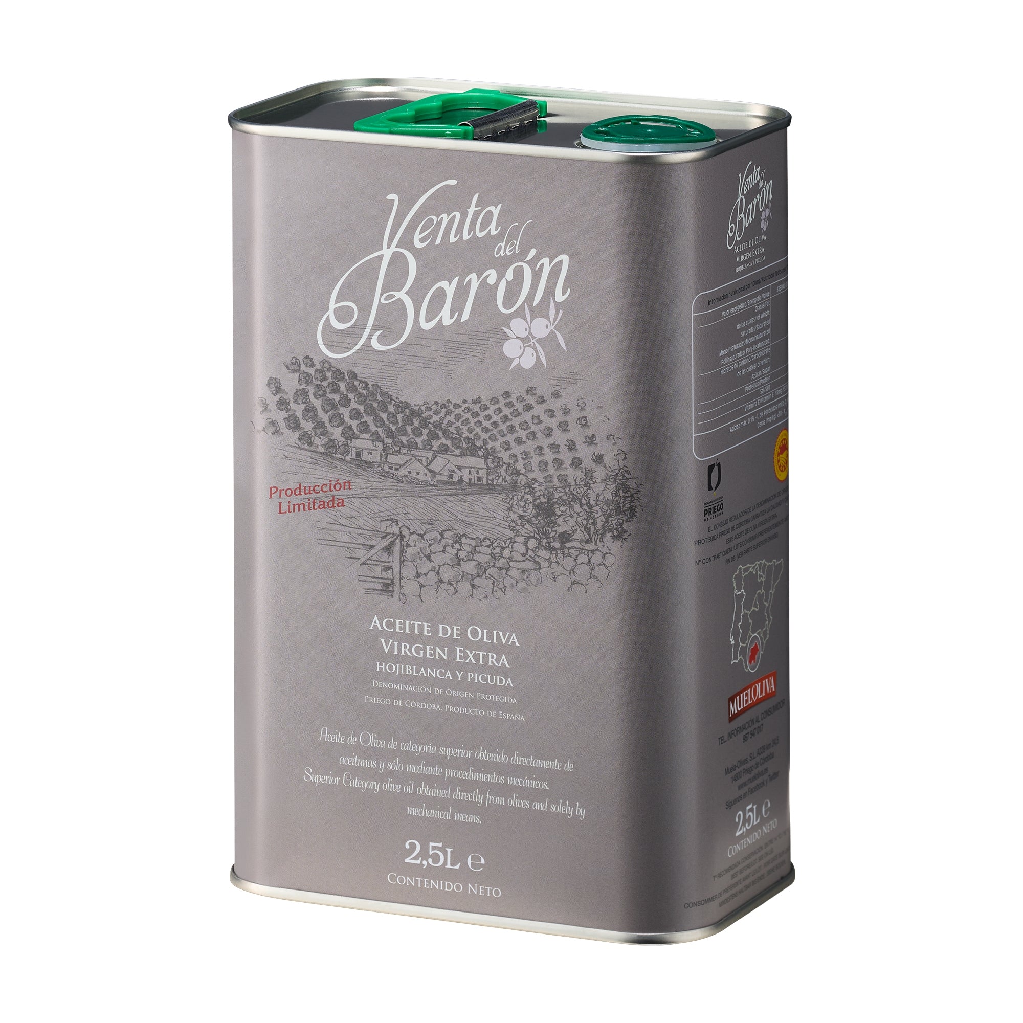Angled view of Venta del Baron 2.5L extra virgin olive oil tin from Spain.