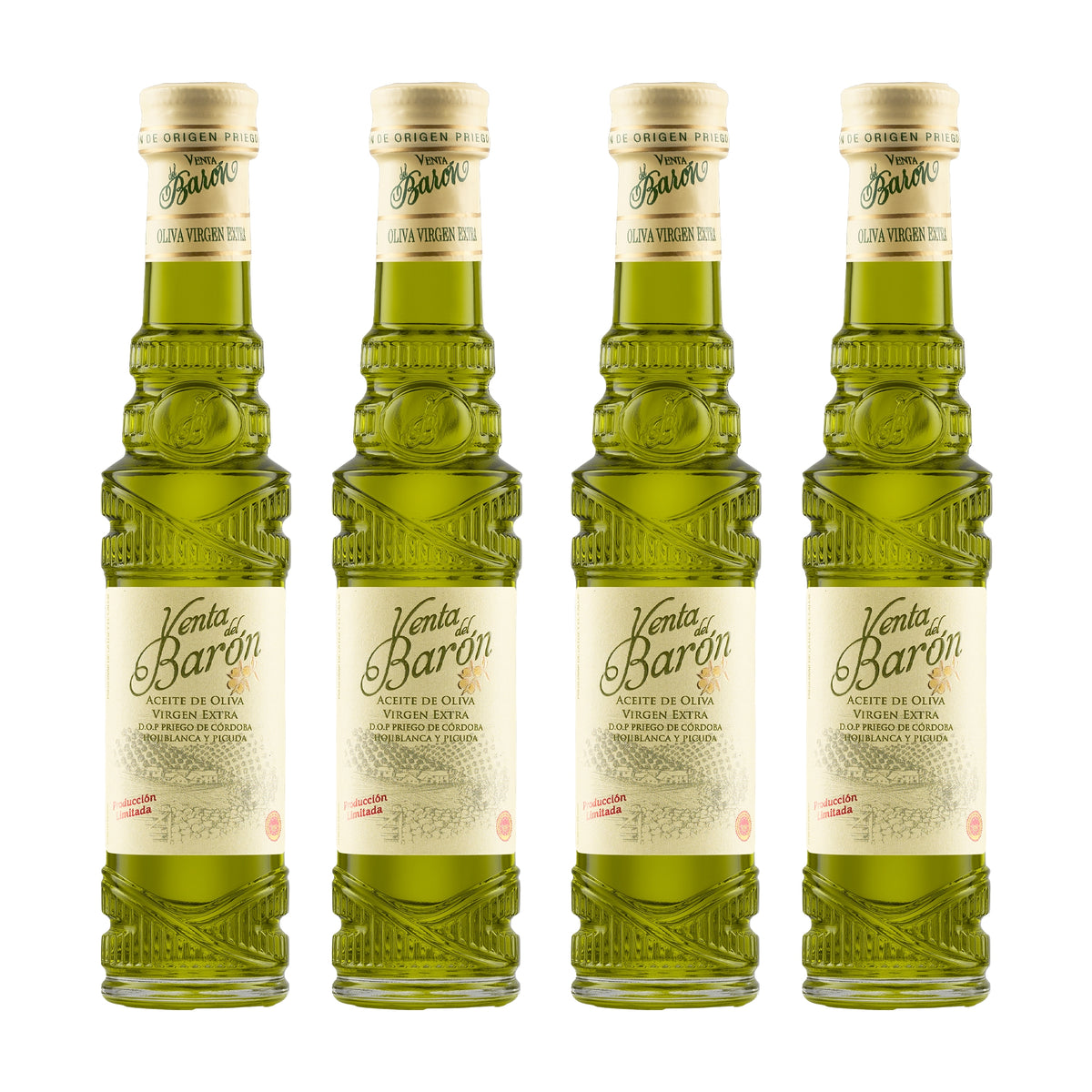Four 100 ml bottles of Venta del Baron extra virgin olive oil from Andalusia, Spain.