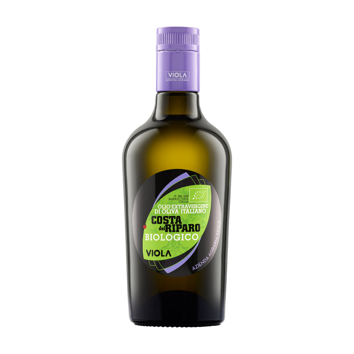 500 ml bottle of Viola Costa del Riparo Organic extra virgin olive oil.