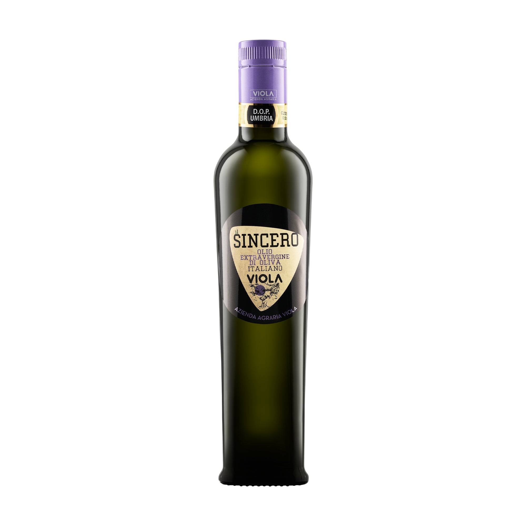 500 ml bottle of Viola Il Sincero extra virgin olive oil from Puglia, Italy.