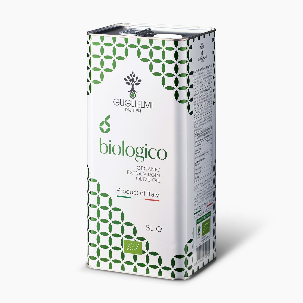 Angled view of Guglielmi Biologico 5L Tin extra virgin olive oil from Puglia, Italy.