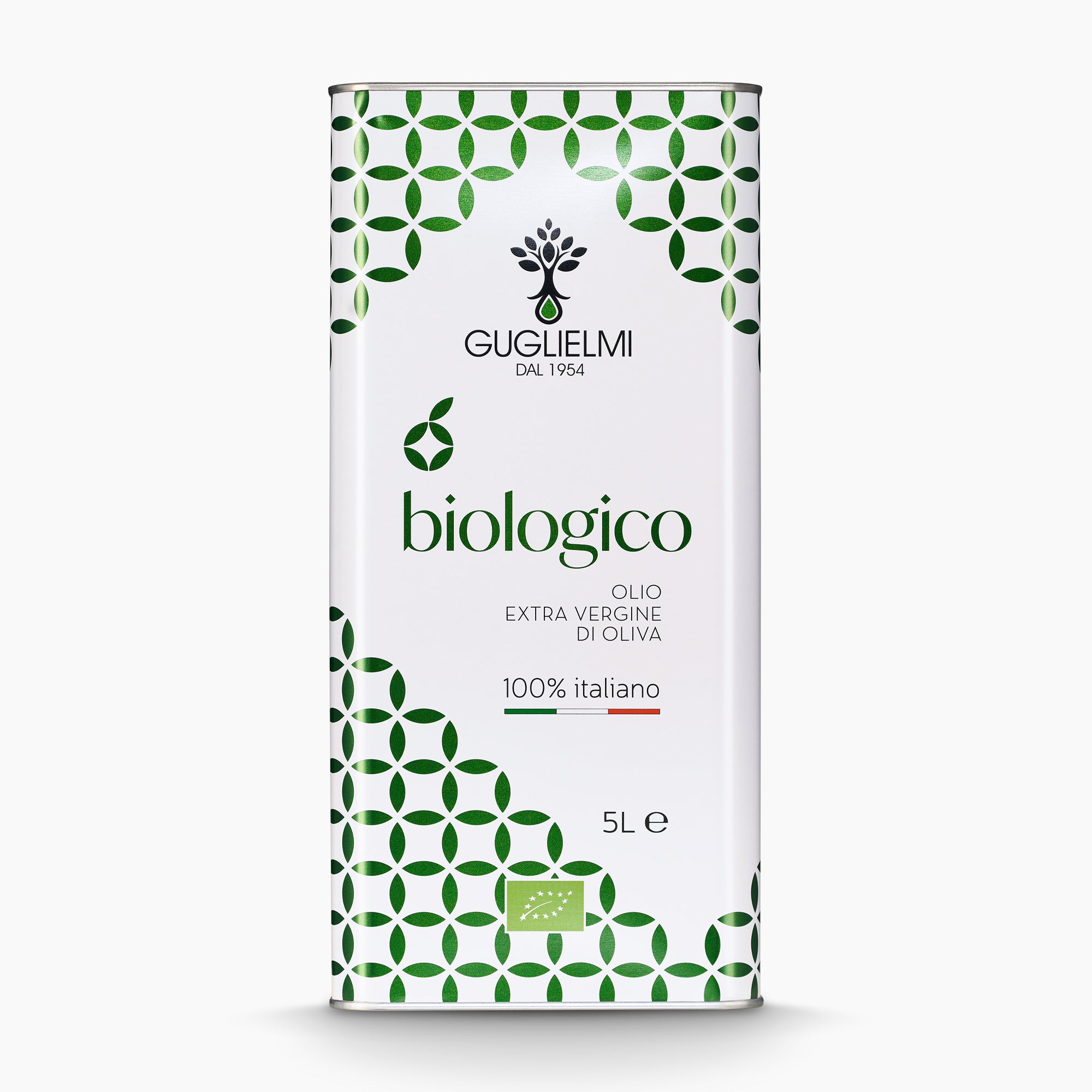 A 5L Tin of Guglielmi Biologico extra virgin olive oil from Puglia, Italy.