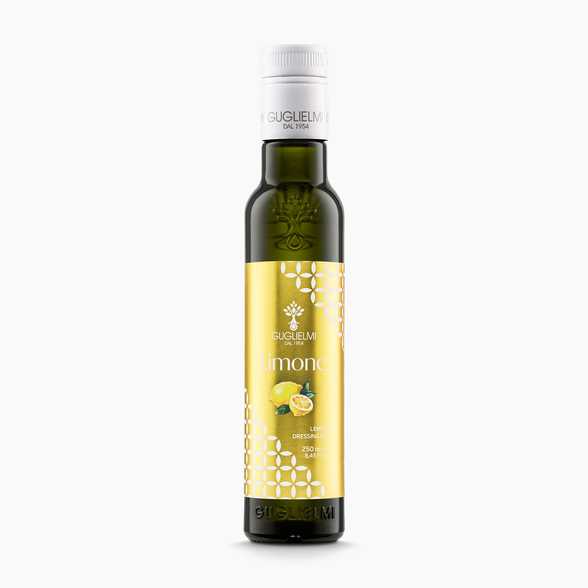 250 ml bottle of Olio Guglielmi Crushed Lemon flavored extra virgin olive oil.