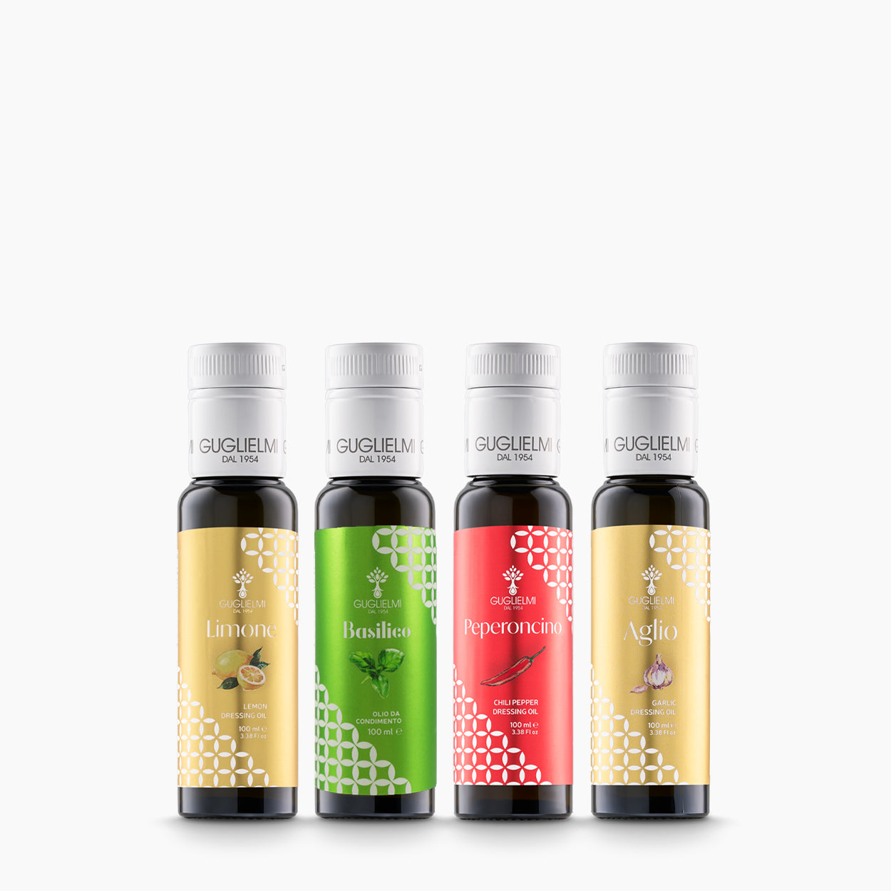 Guglielmi Sampler Pack with four 100 ml bottles of flavored extra virgin olive oil.