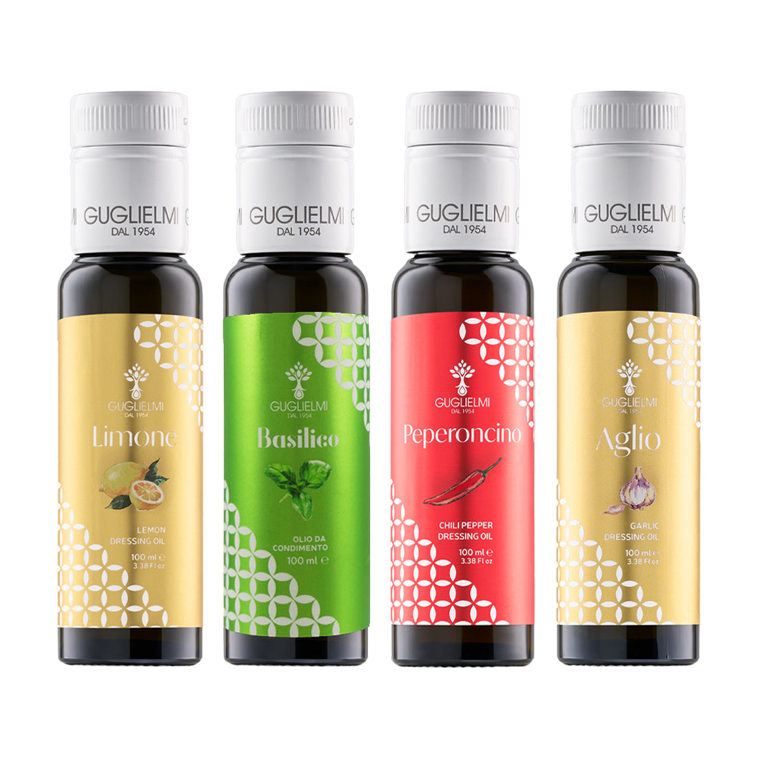 Guglielmi Sampler Pack with four 100 ml bottles of flavored extra virgin olive oil.