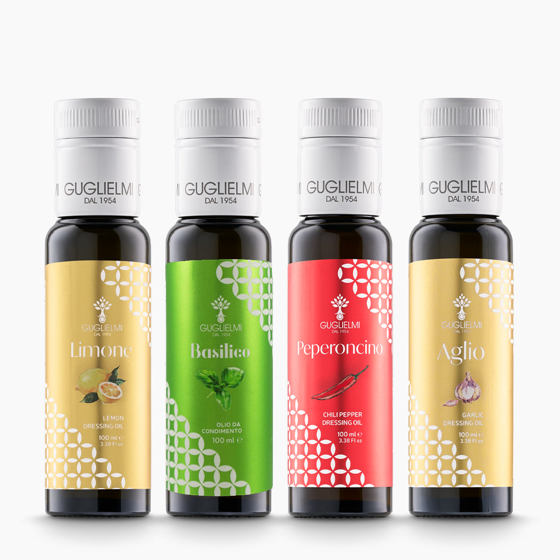 Guglielmi Sampler Pack with four 100 ml bottles of flavored extra virgin olive oil.