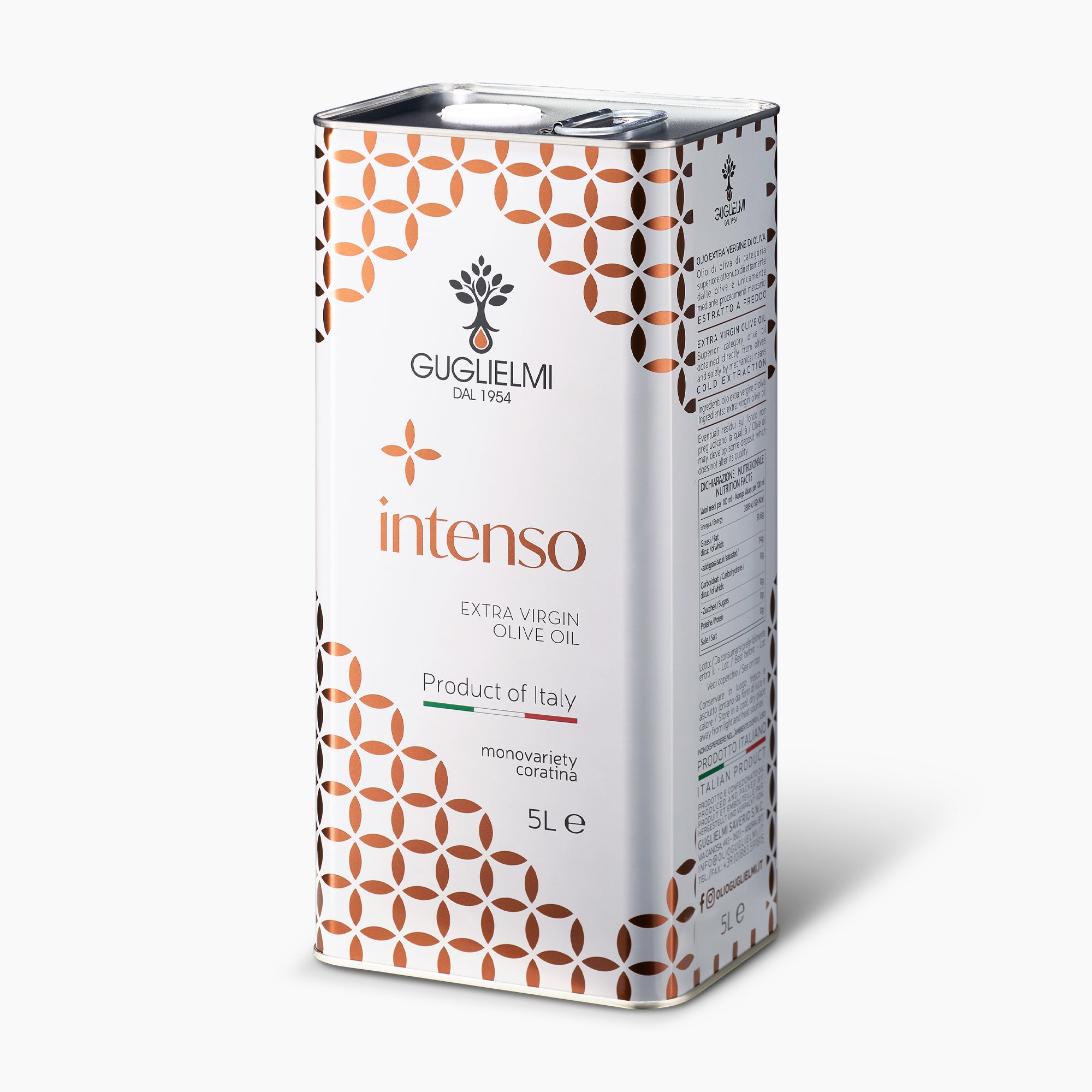 Angled view of Guglielmi Intenso 5L extra virgin olive oil tin from Puglia, Italy.