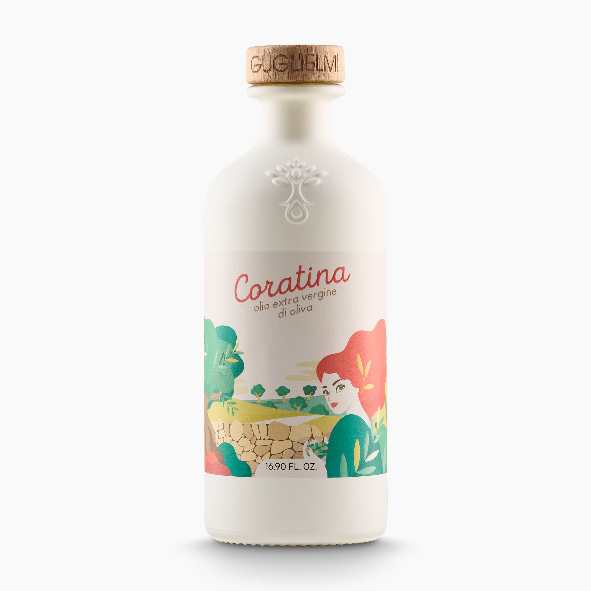 500ml Guglielmi Le Monocultivar Coratina extra virgin olive oil in a white bottle.