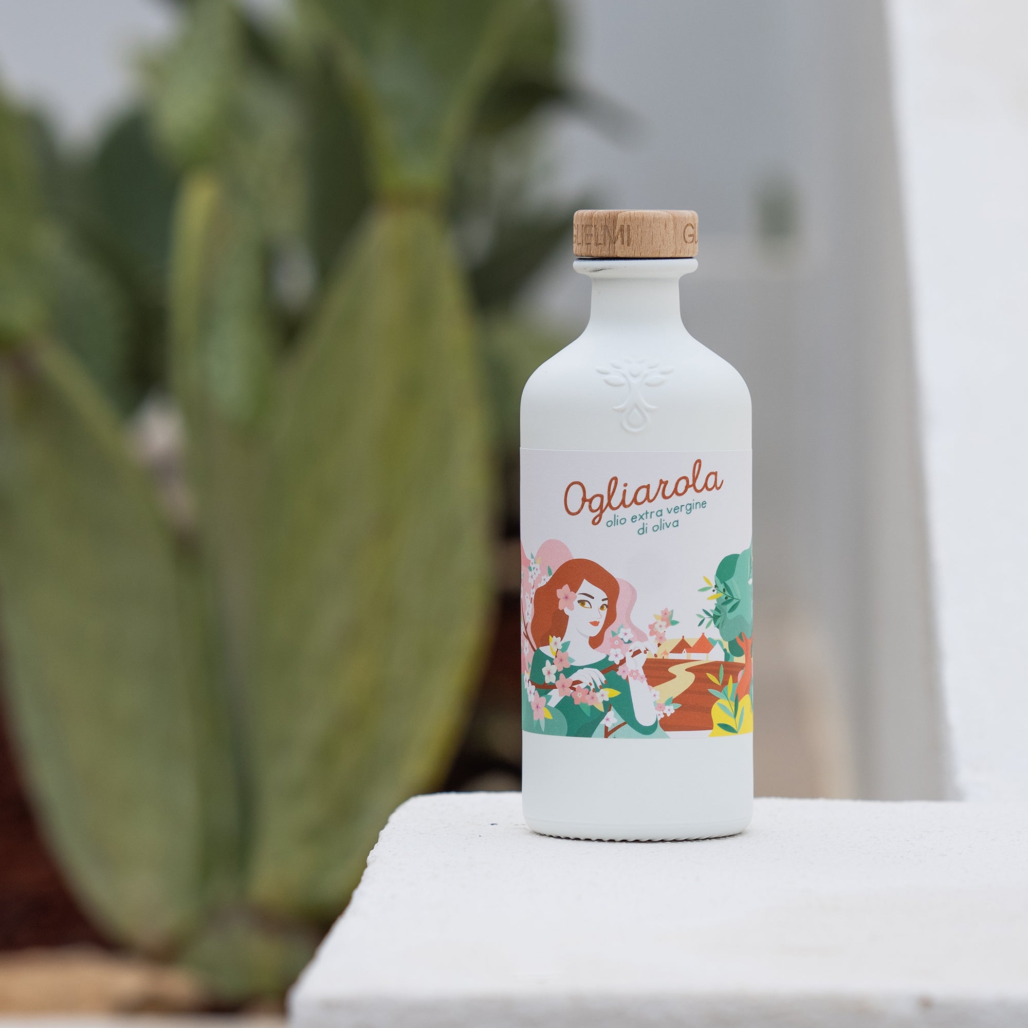 Guglielmi Le Monocultivar Ogliarola 500 ml bottle beside a large cactus in Puglia, Italy.