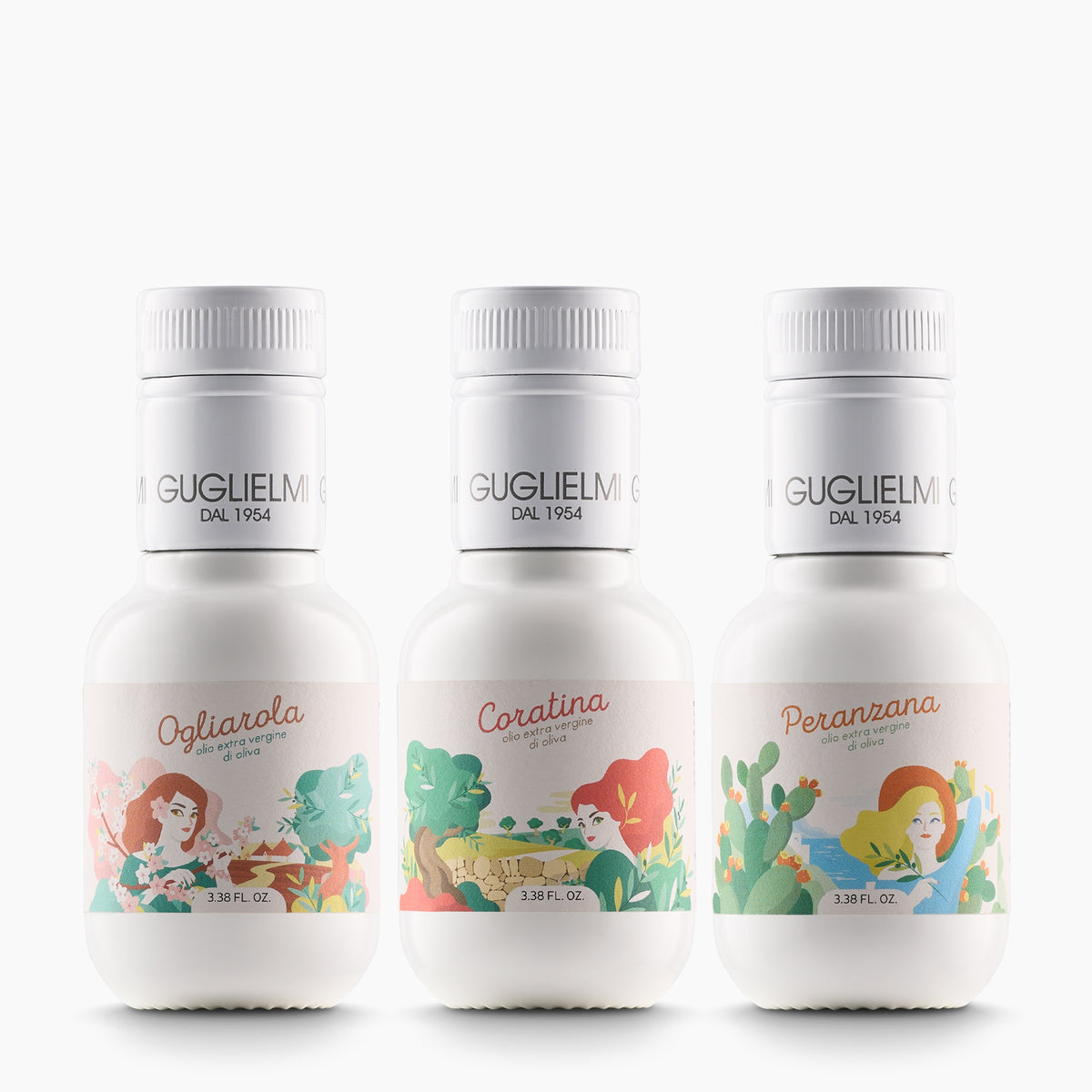 Guglielmi Le Monocultivar Travel Trio with three 100 ml bottles: Ogliarola, Coratina, and Peranzana extra virgin olive oils.