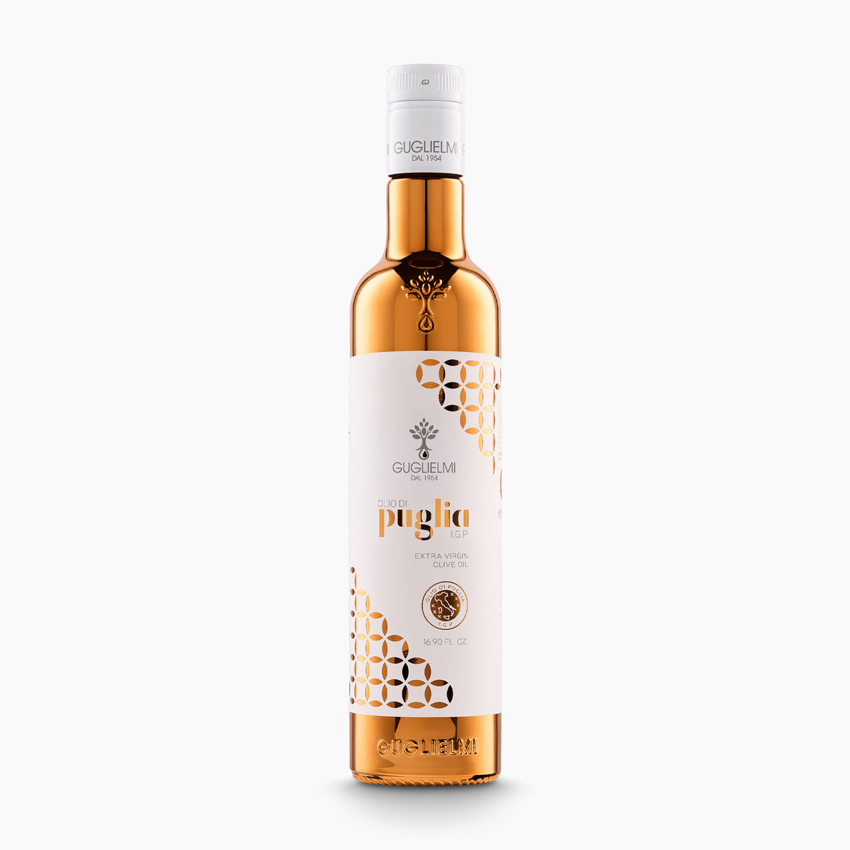 A 500 ml bottle of Guglielmi Olio di Puglia IGP extra virgin olive oil, from Puglia, Italy.