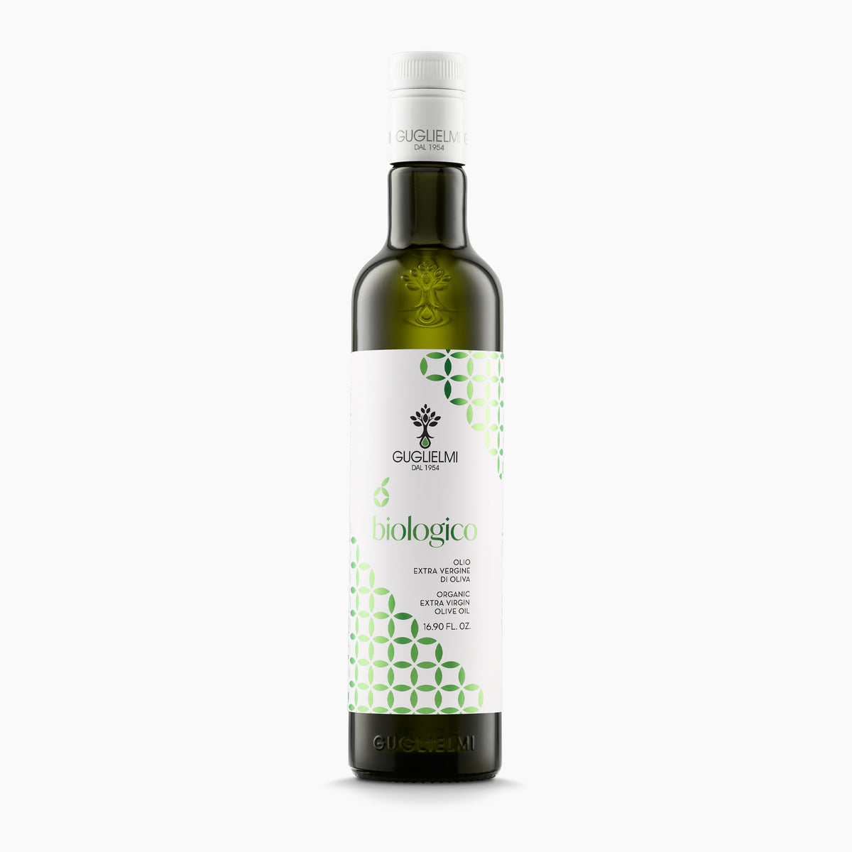 A 500 ml bottle of Guglielmi Biologico extra virgin olive oil from Puglia, Italy.