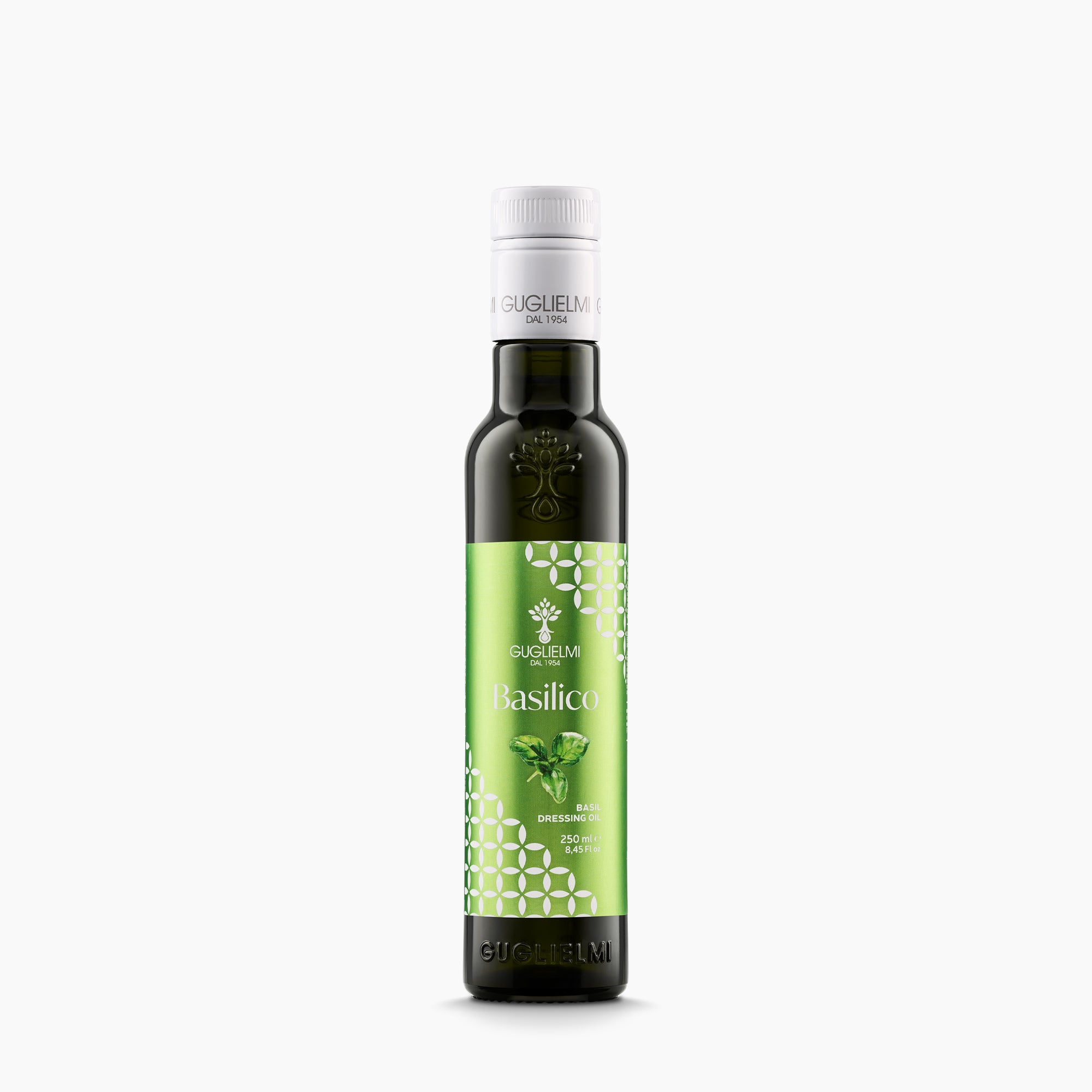 250 ml bottle of Olio Guglielmi Crushed Basil flavored extra virgin olive oil.