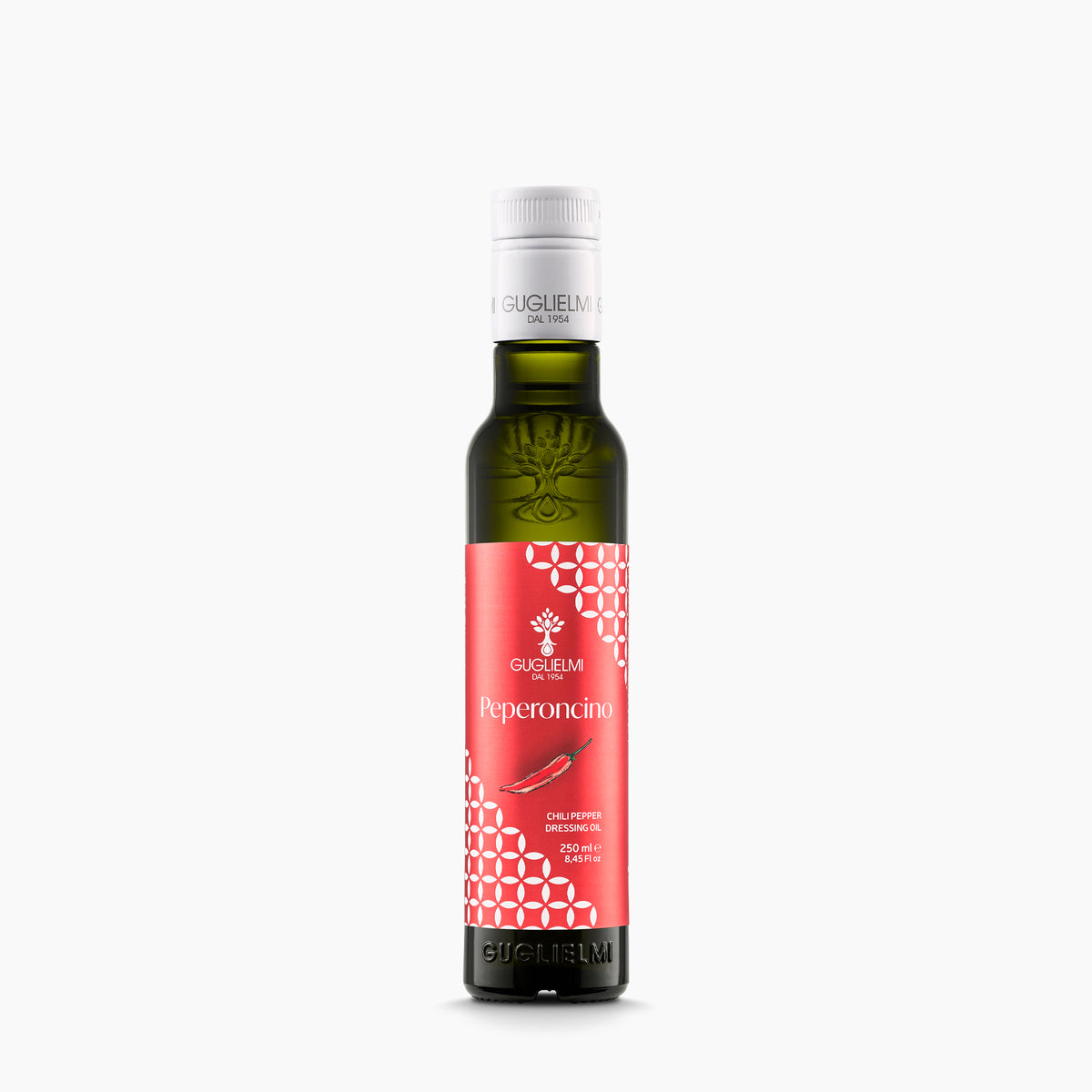 250 ml bottle of Olio Guglielmi Crushed Chili Pepper extra virgin olive oil.